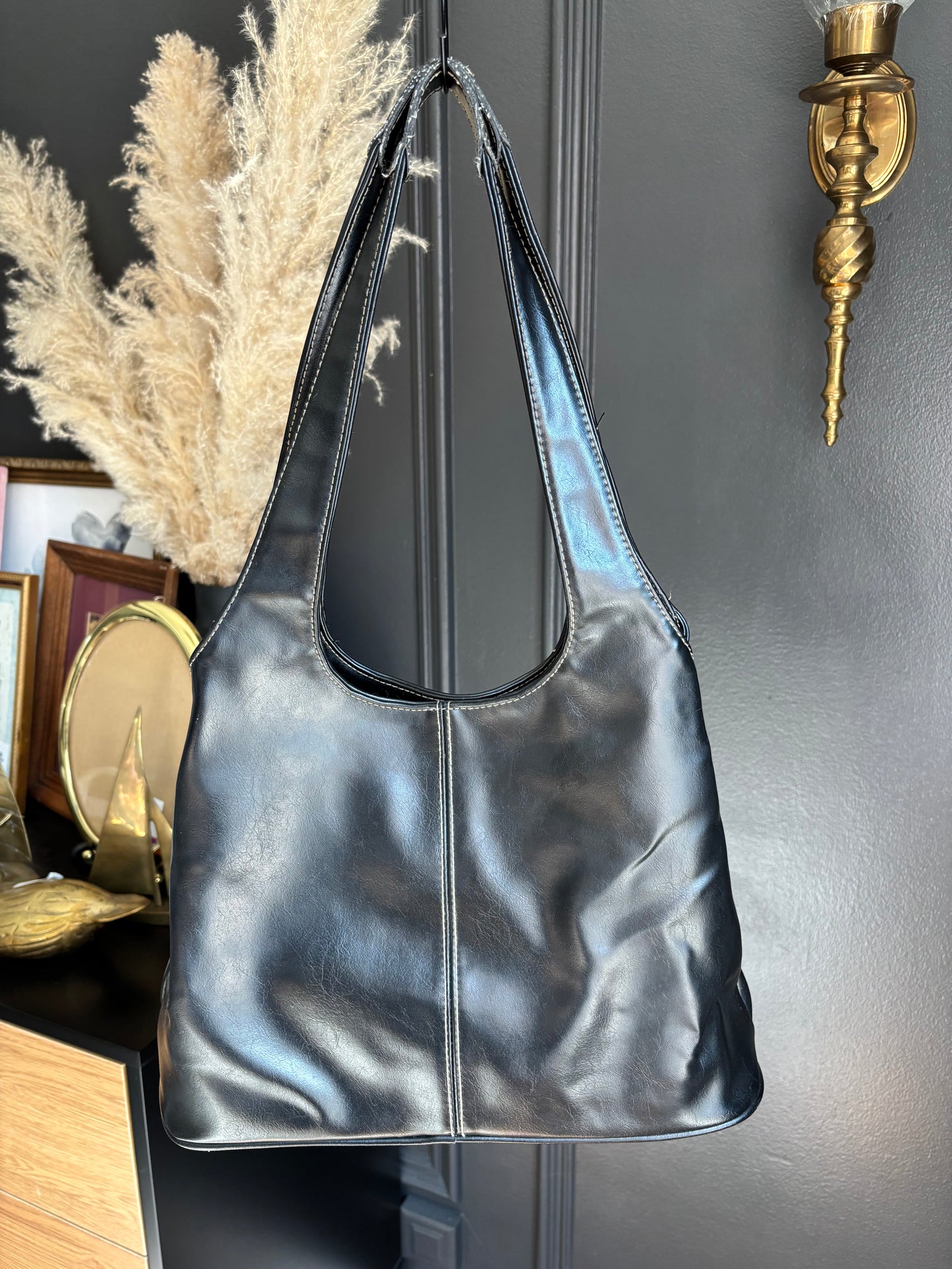 Black Faux Leather Muti Compartment Shoulder Bag