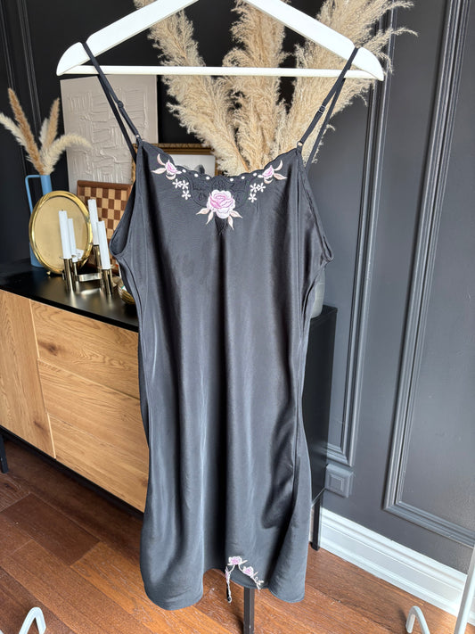 Vintage Black Embroidered Floral Slip Dress Size M