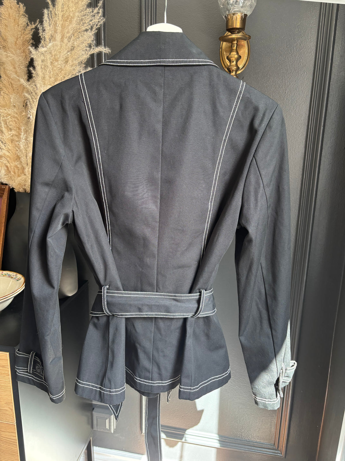 Black Short Trench Style Jacket With White Stitch Size S