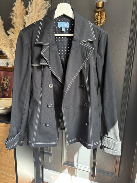 Black Short Trench Style Jacket With White Stitch Size S