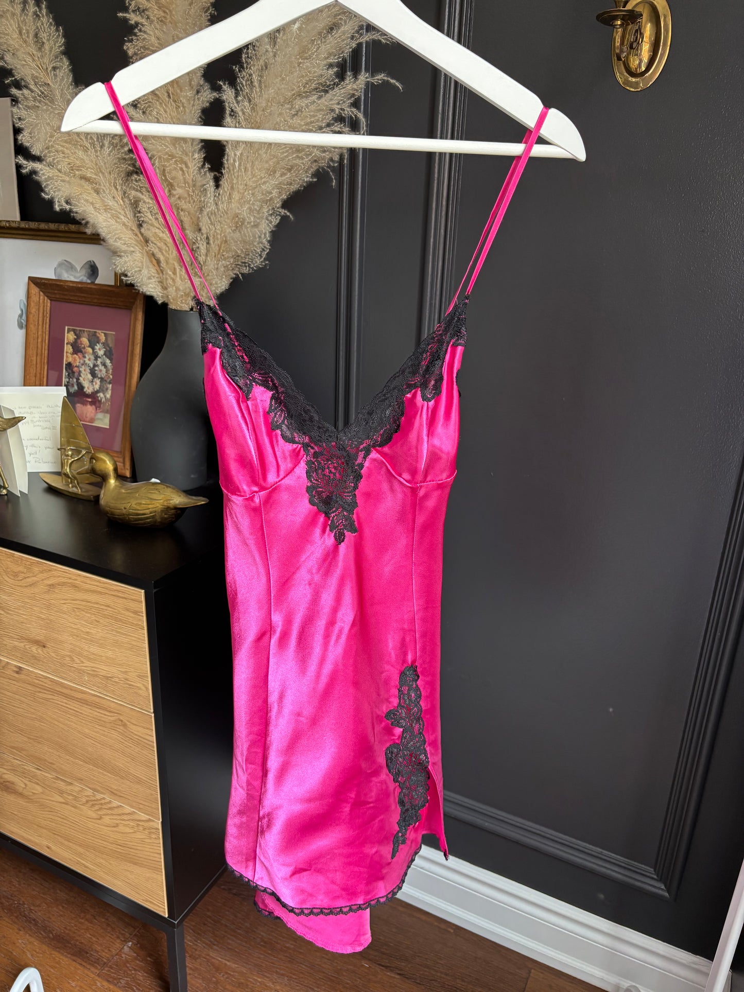 Sexy Pink & Black Lace Slip Size M