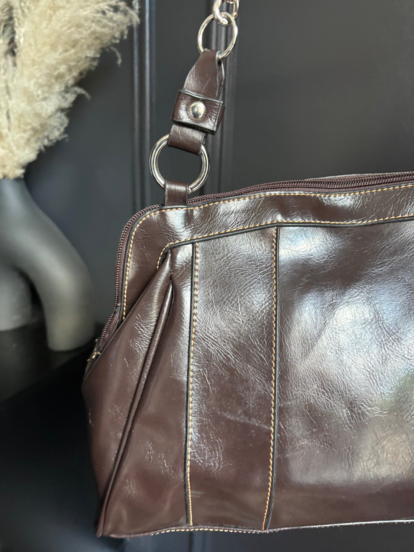 Brown Stitched Detail Shoulder Bag