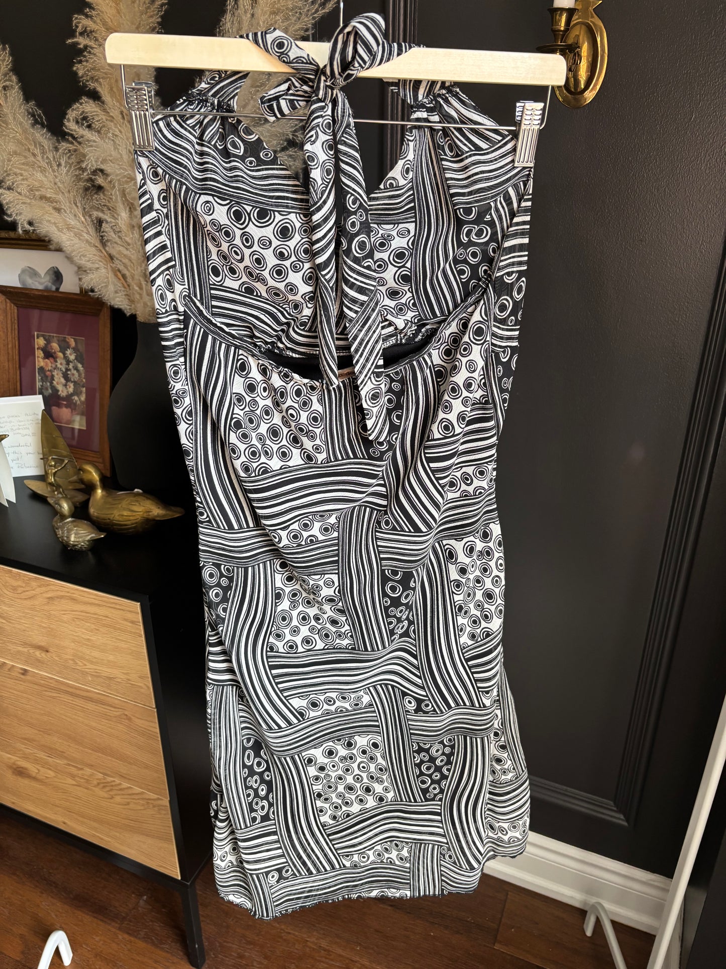 Vintage Black & White Print Halter Dress Size M