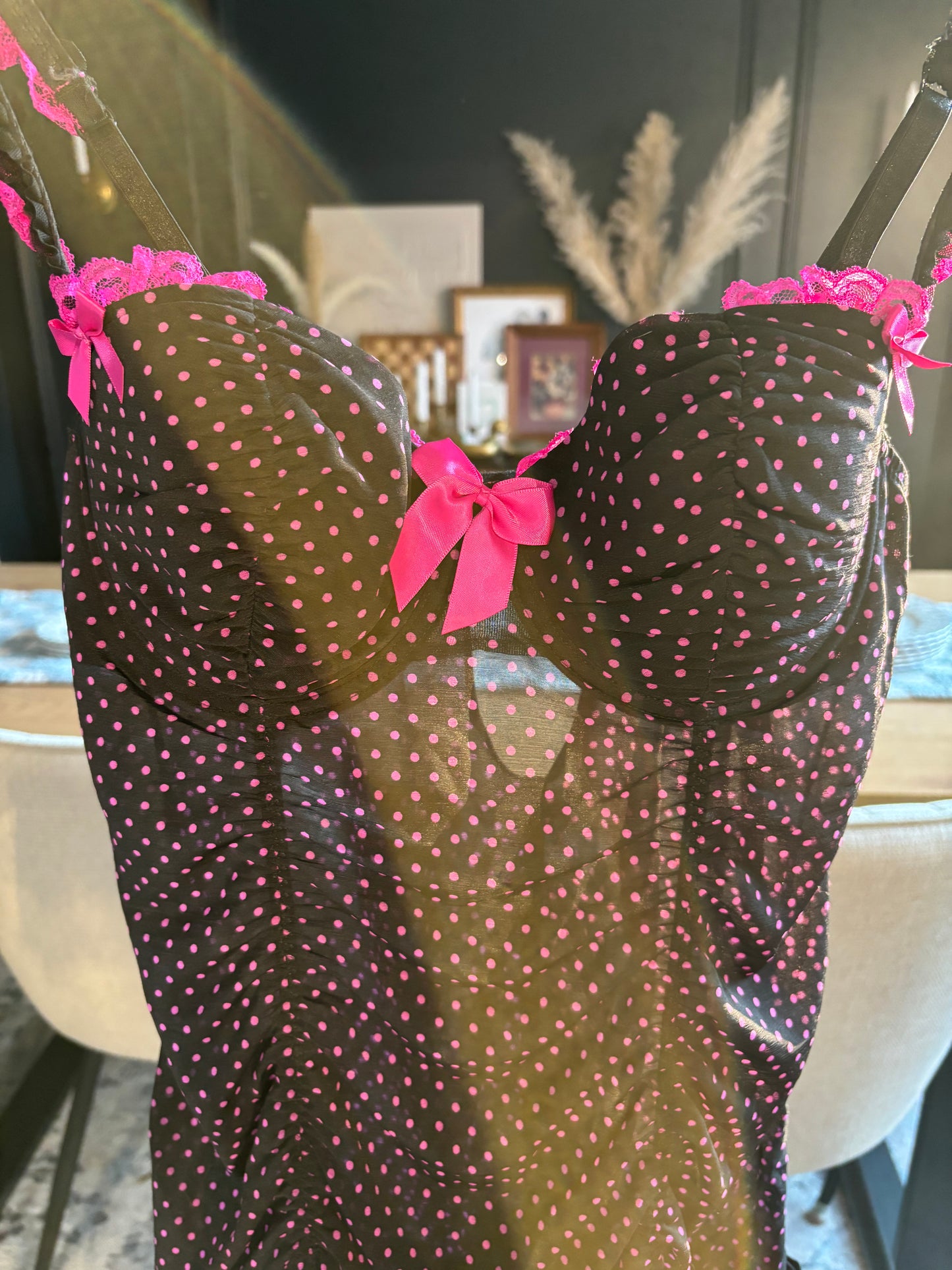 Rouched Black & Pink Polka Dot Babydoll Size L