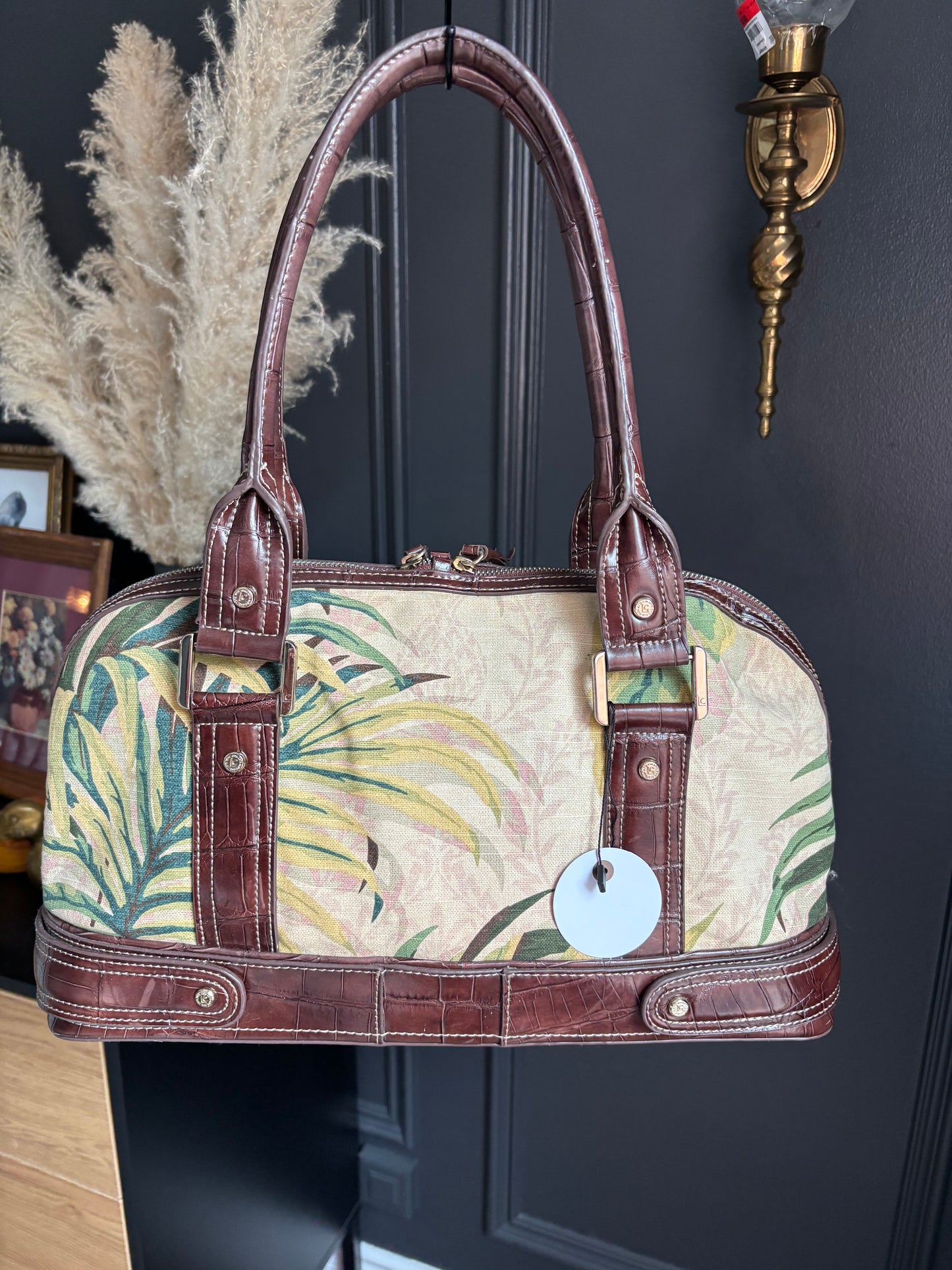 Tropical Canvas and Brown Faux Leather Shoulder Bag