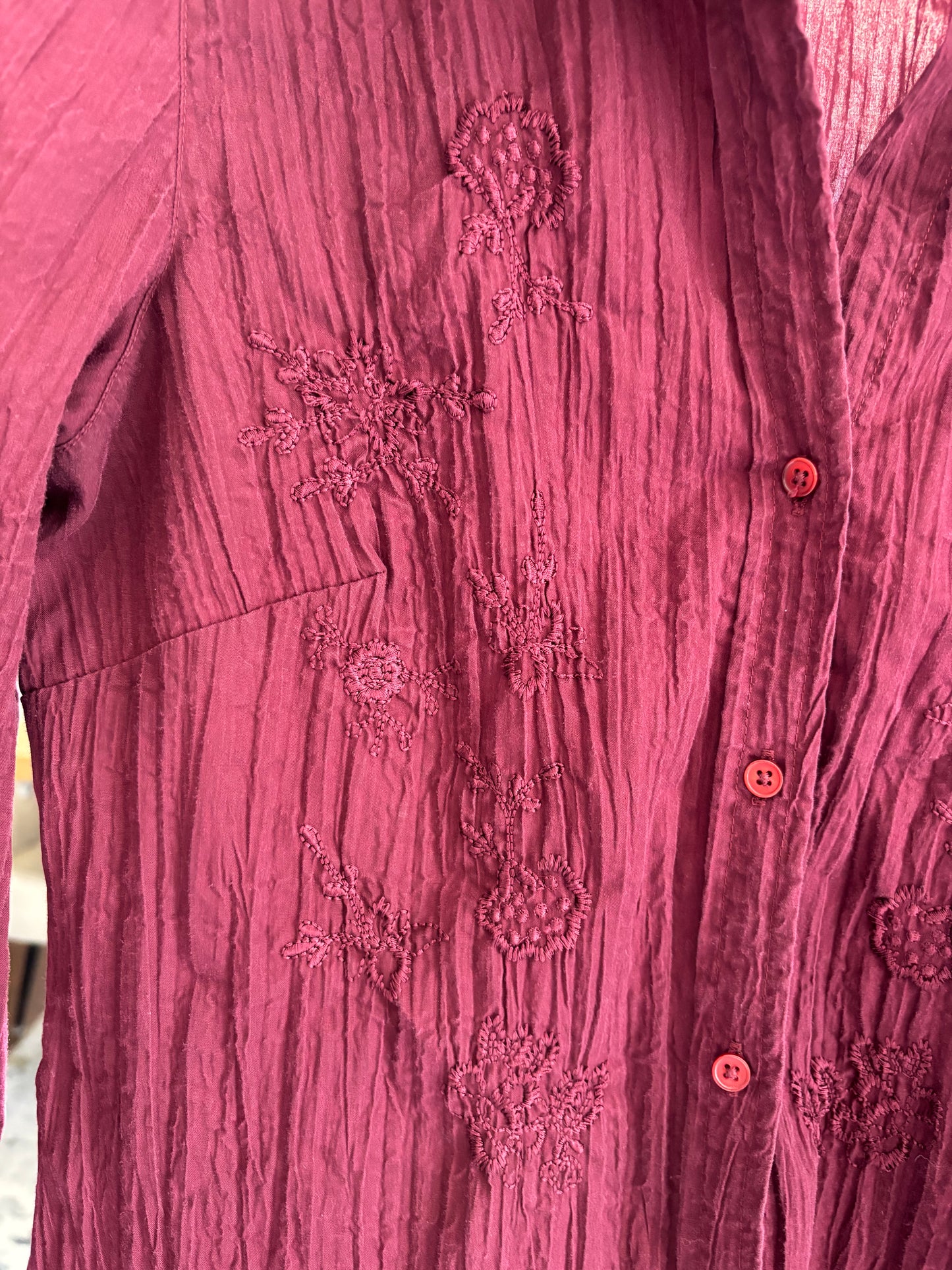Burgundy Crinkle Button Down Blouse Size M