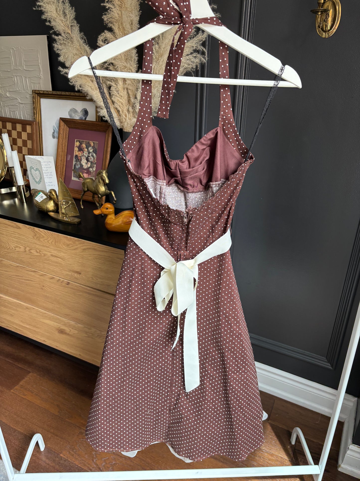 Vintage Brown & White Polka Dot Dress Size XS