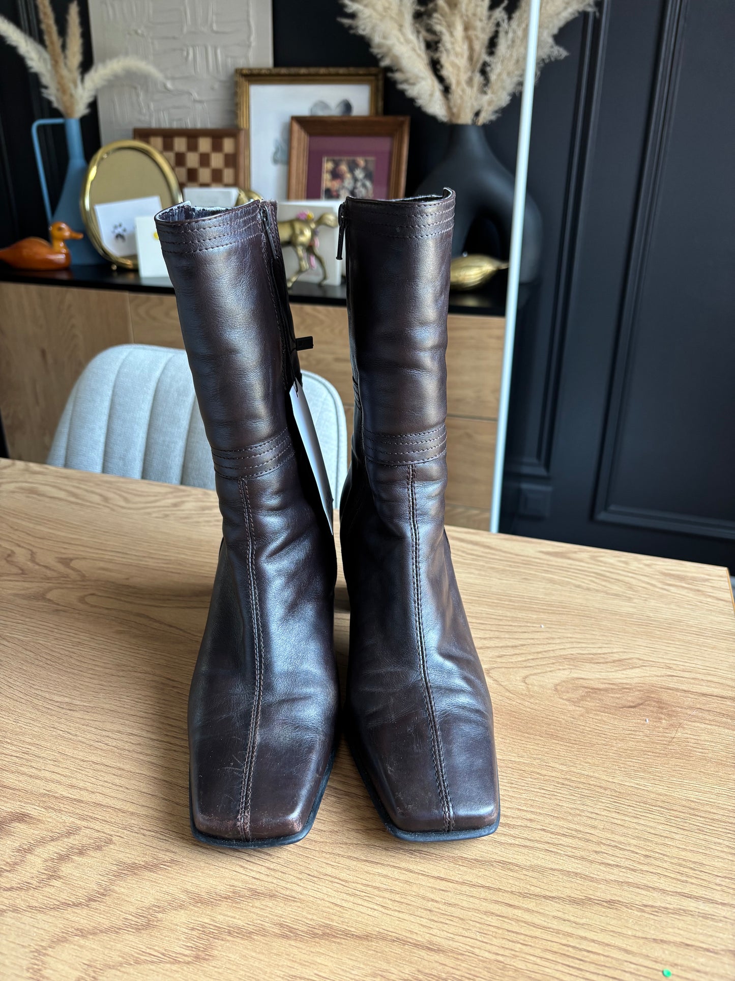 Brown Leather Square Toe Boots Size 38