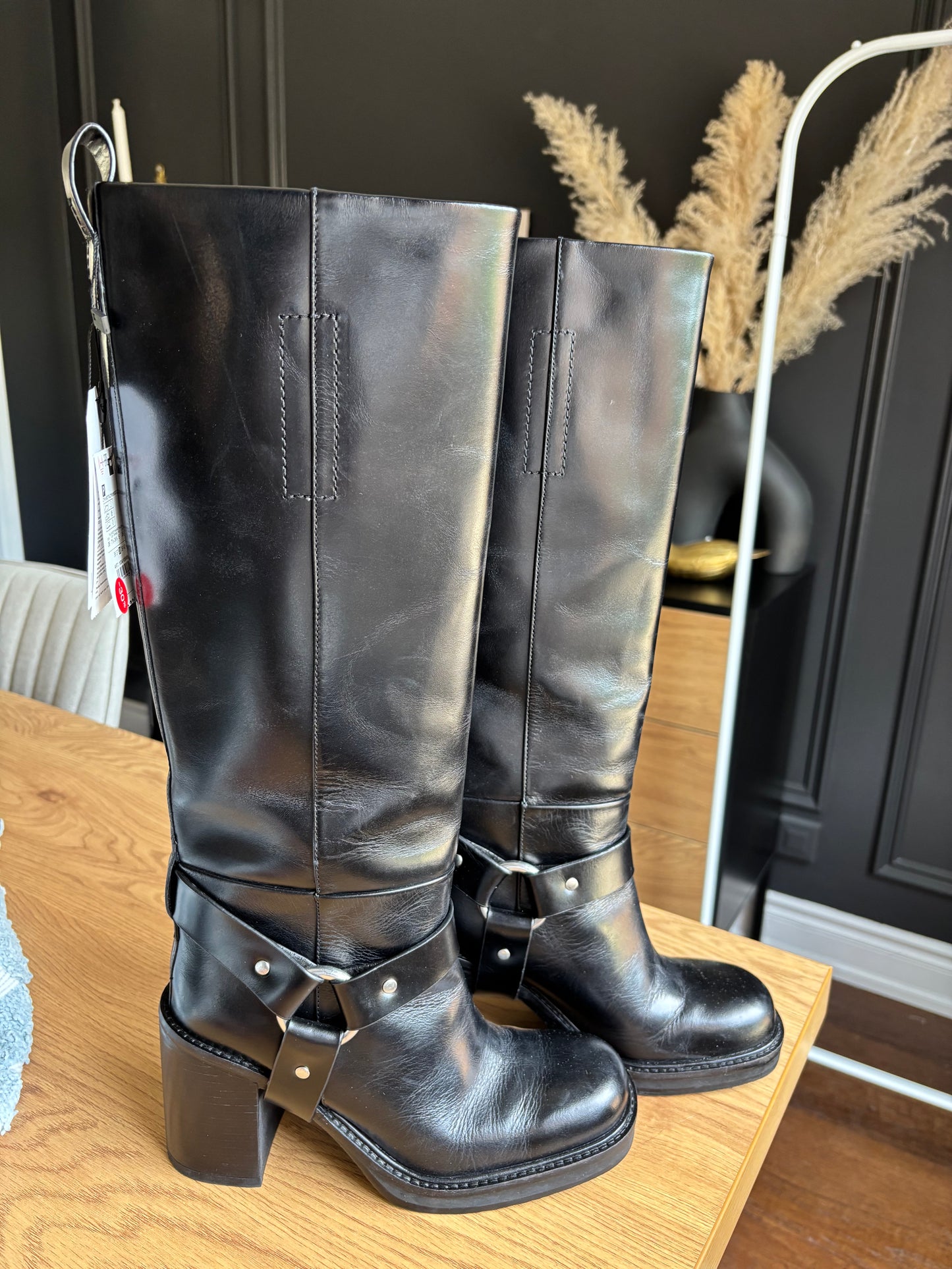 Tall Leather Biker Boots Size 38