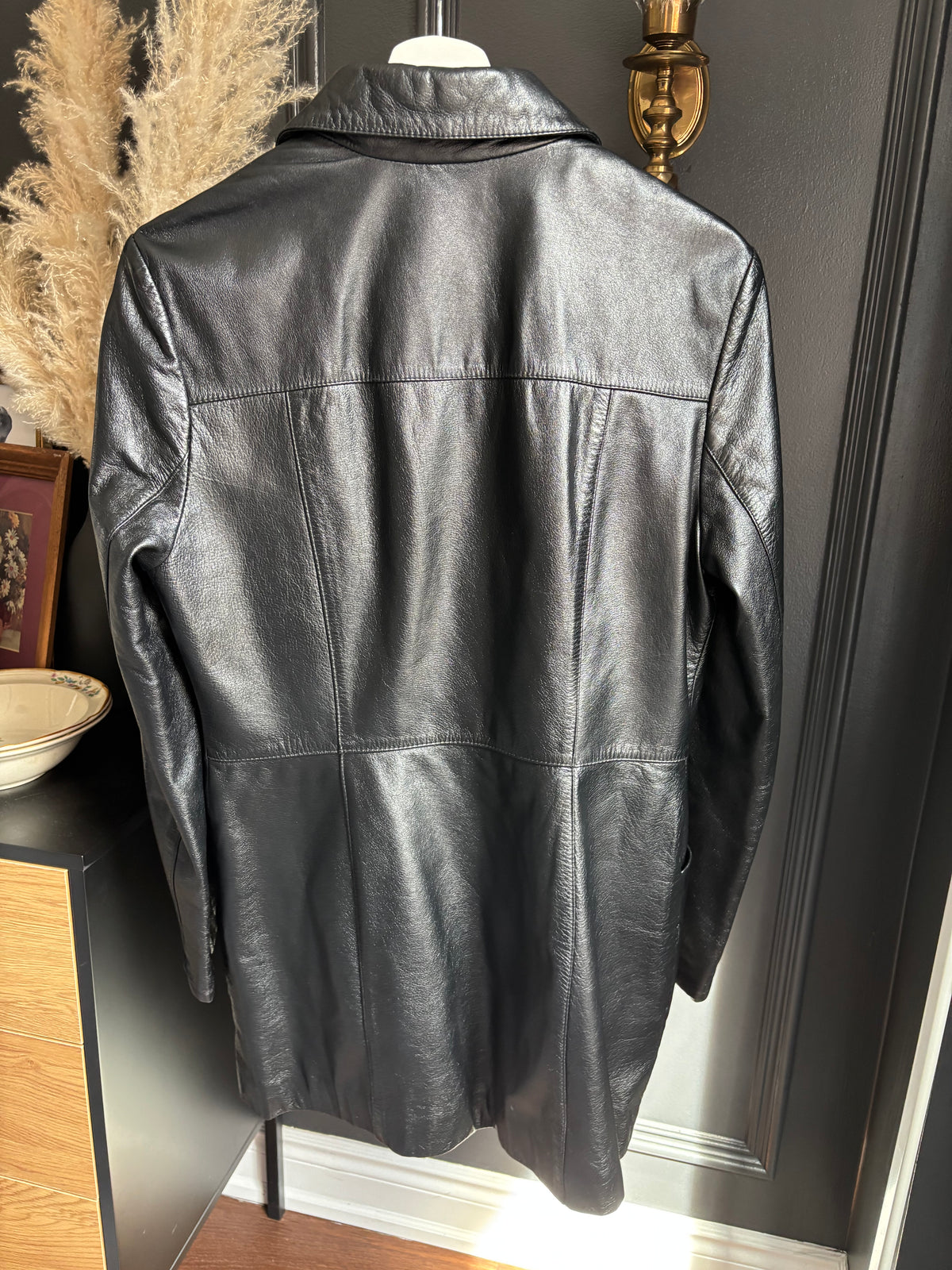 Black Leather Long Dainer Jacket Size XS