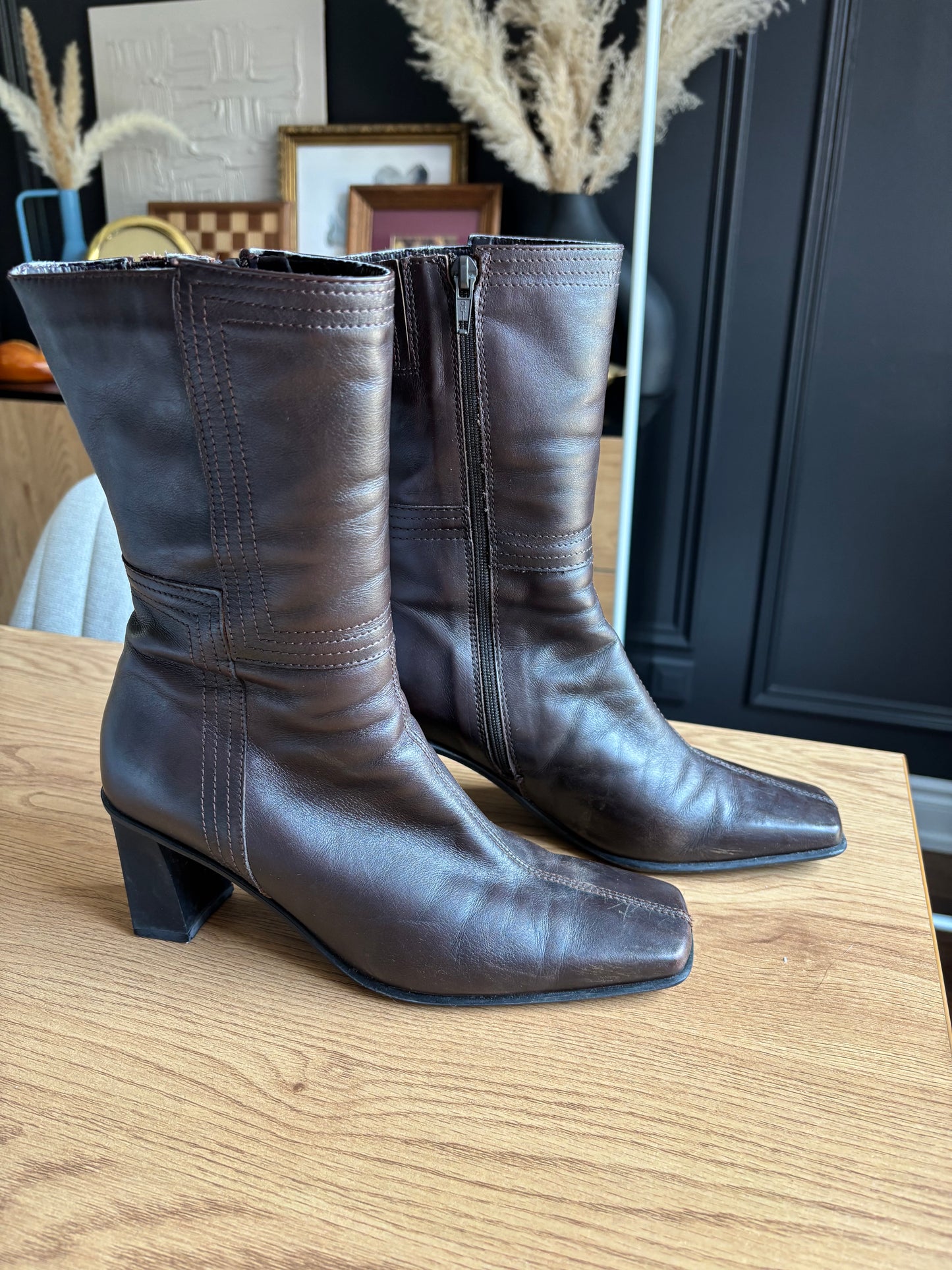 Brown Leather Square Toe Boots Size 38