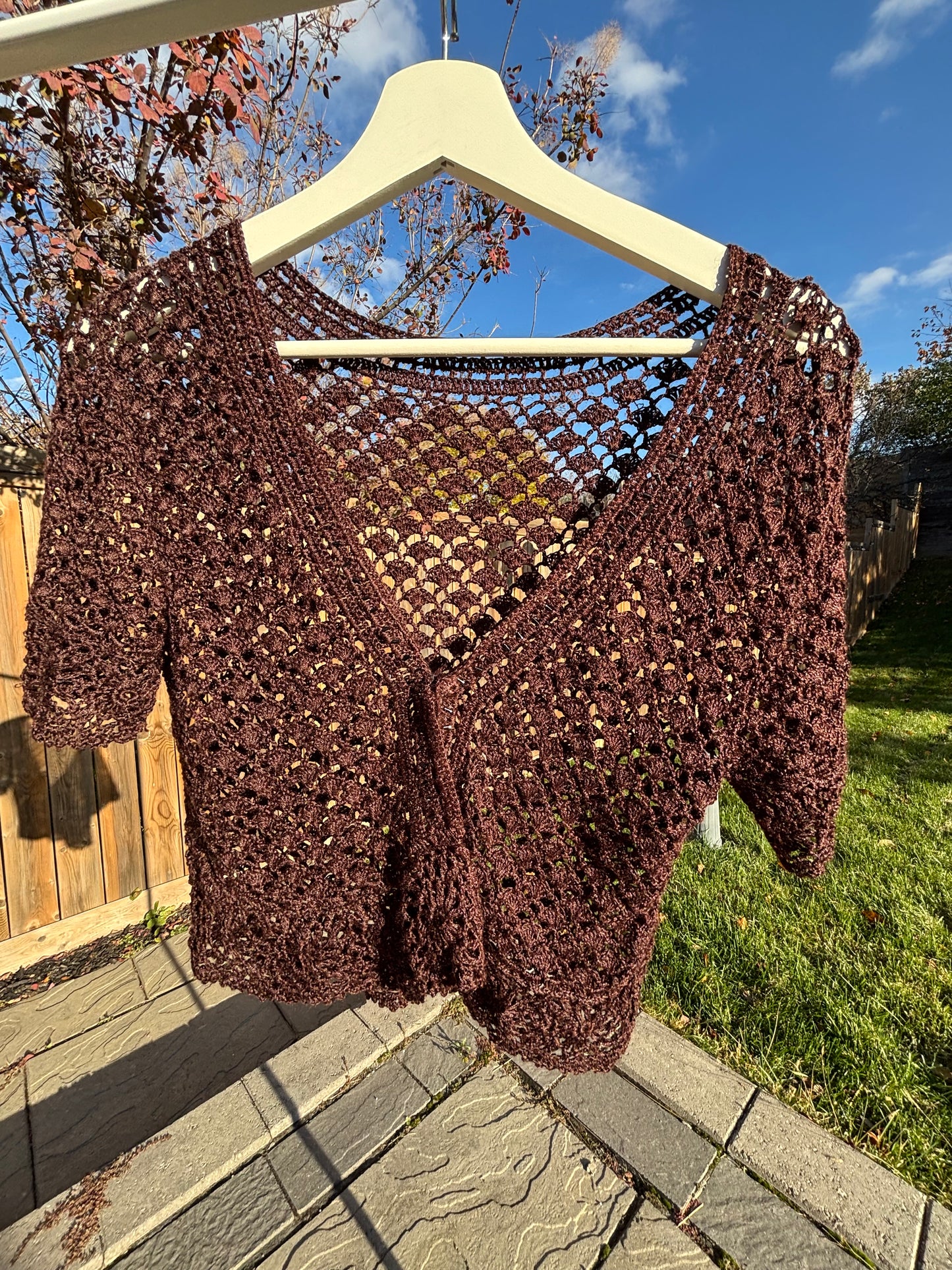 Chocolate Cropped Crochet Cardigan Fits M