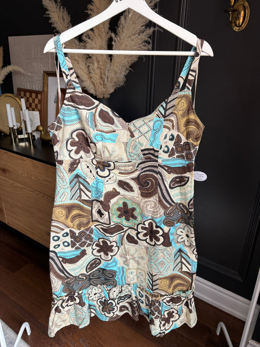 Brown & Blue Print Cotton Dress Size 12