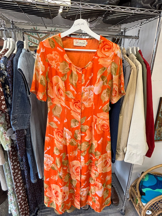 Vintage Orange Floral Button Down Dress Size S
