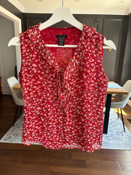 Red Silk Floral Sleeveless Top Size M