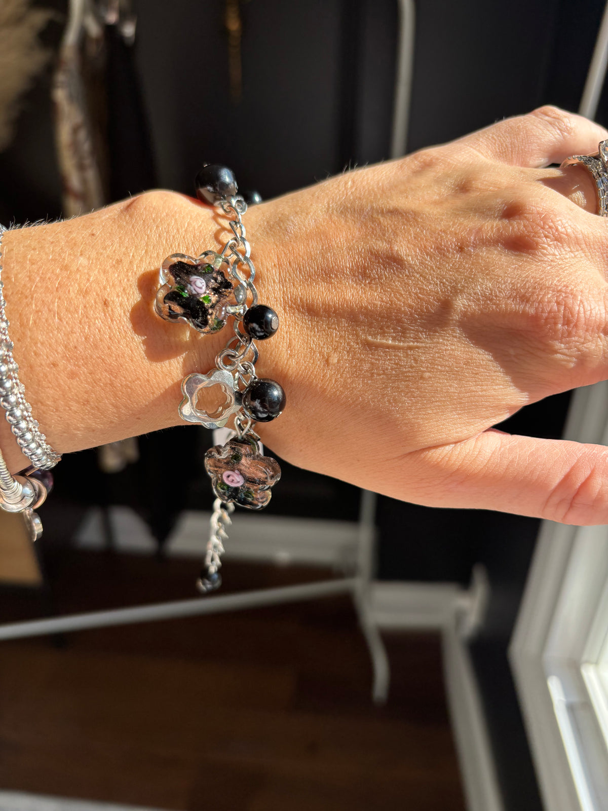 Black Bead & Silver Flower Chain Braclet