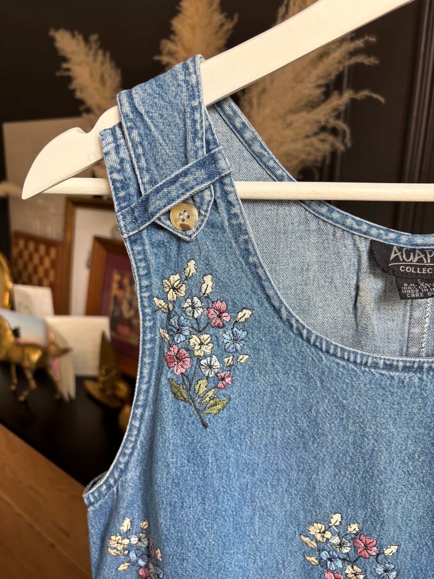 Long Floral Embroidered Sleeveless Denim Dress Size L