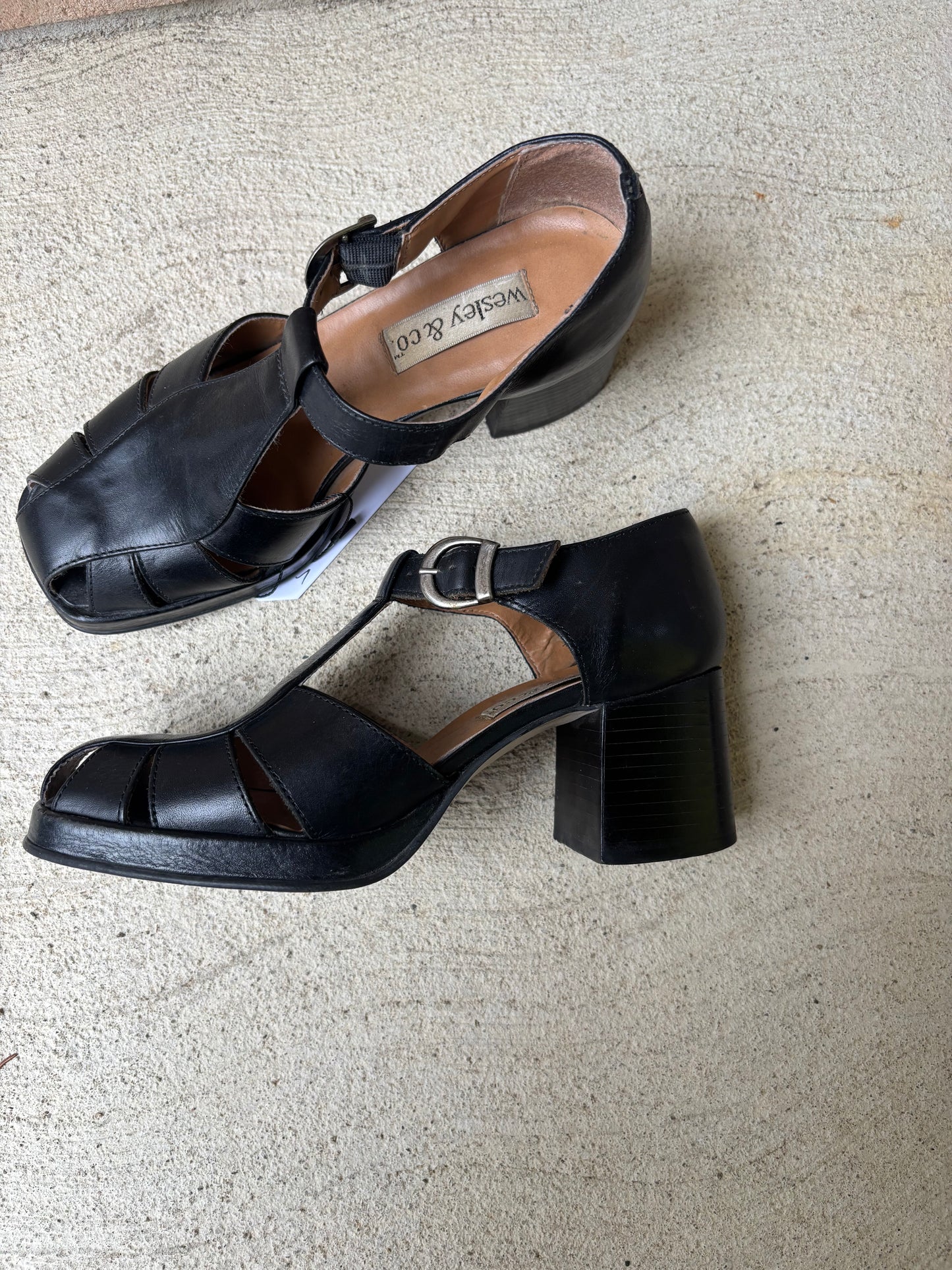 Vintage Black Strap Block Heel Shoes Size 6