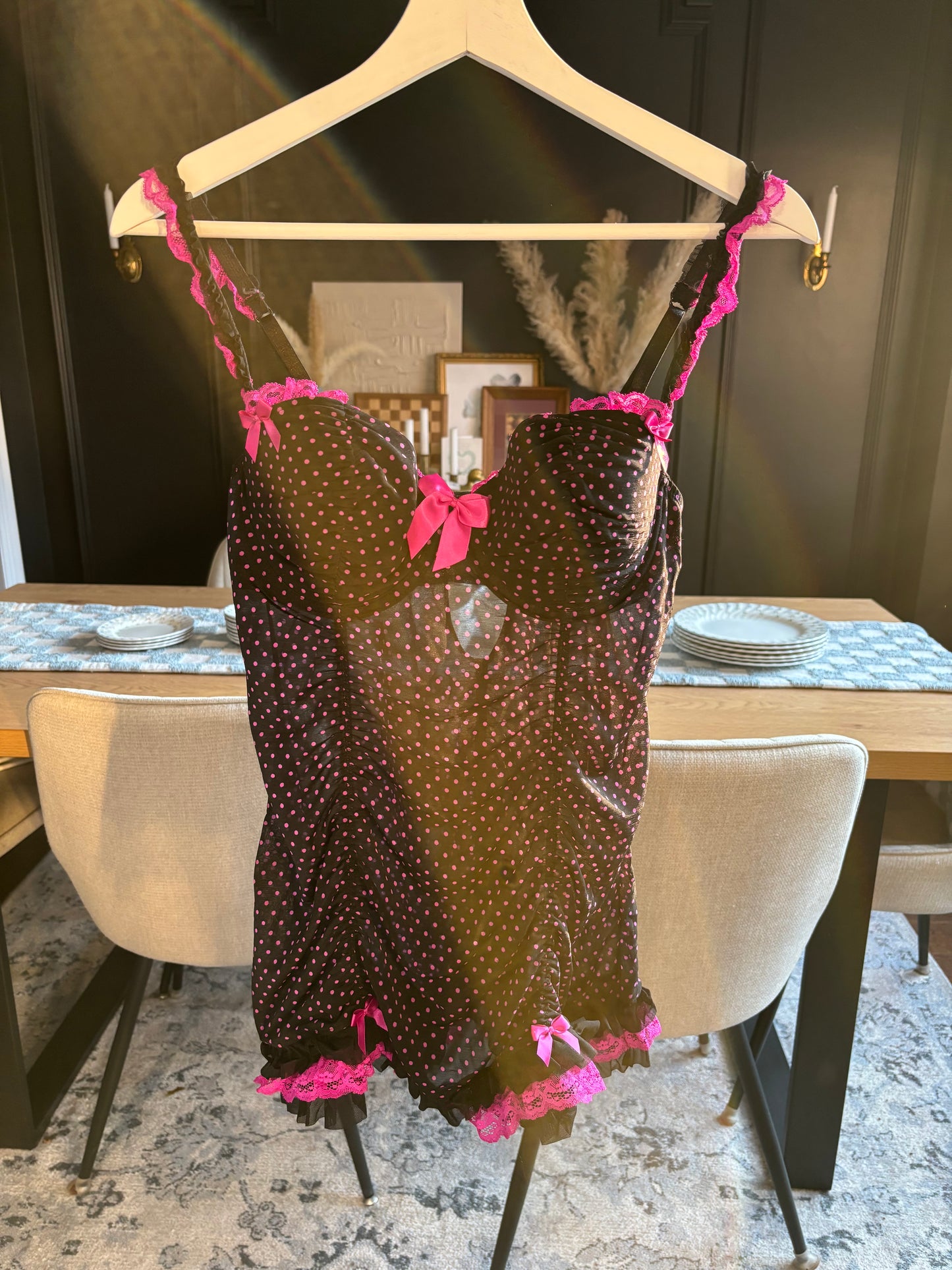 Rouched Black & Pink Polka Dot Babydoll Size L