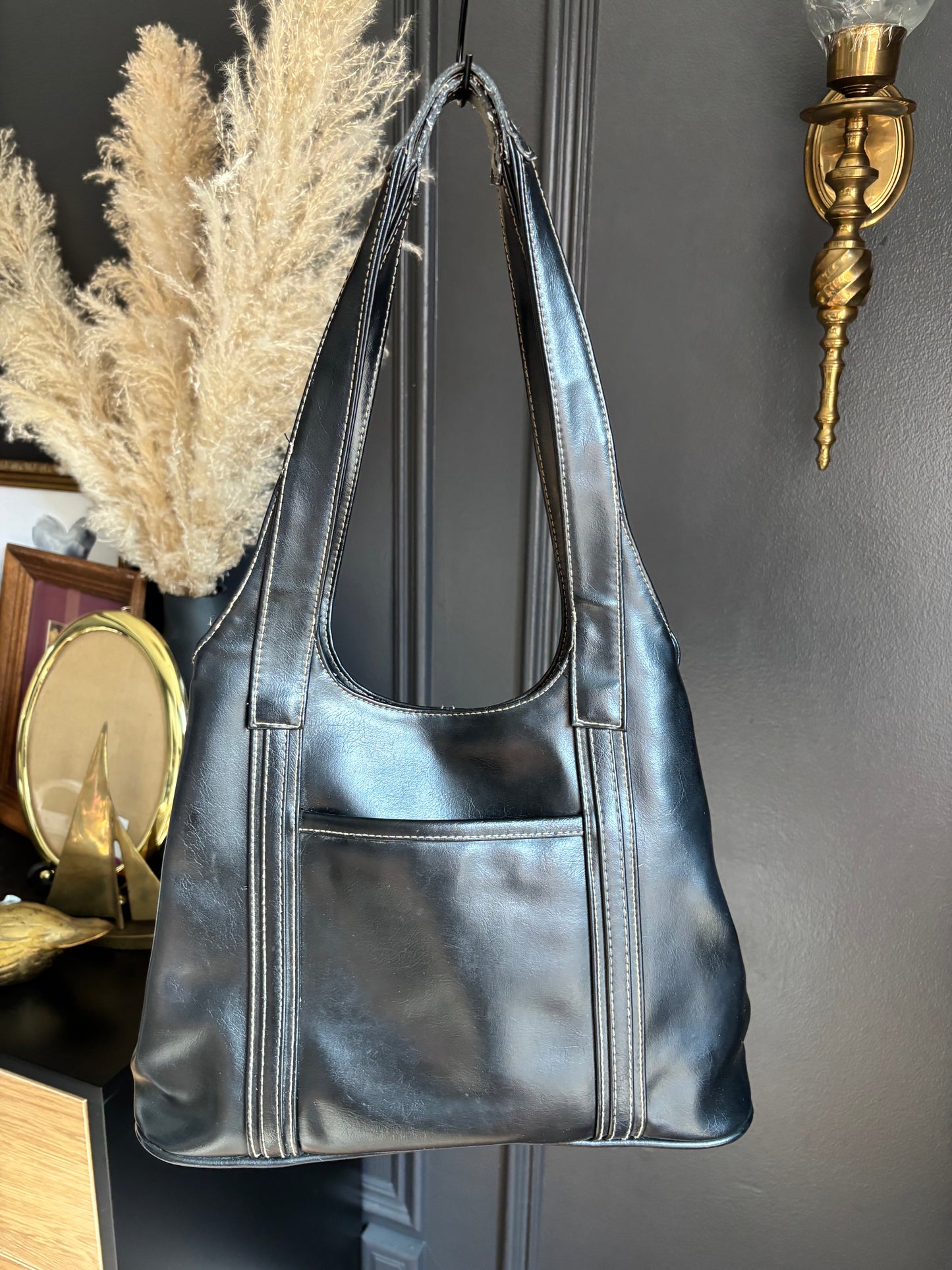 Black Faux Leather Muti Compartment Shoulder Bag