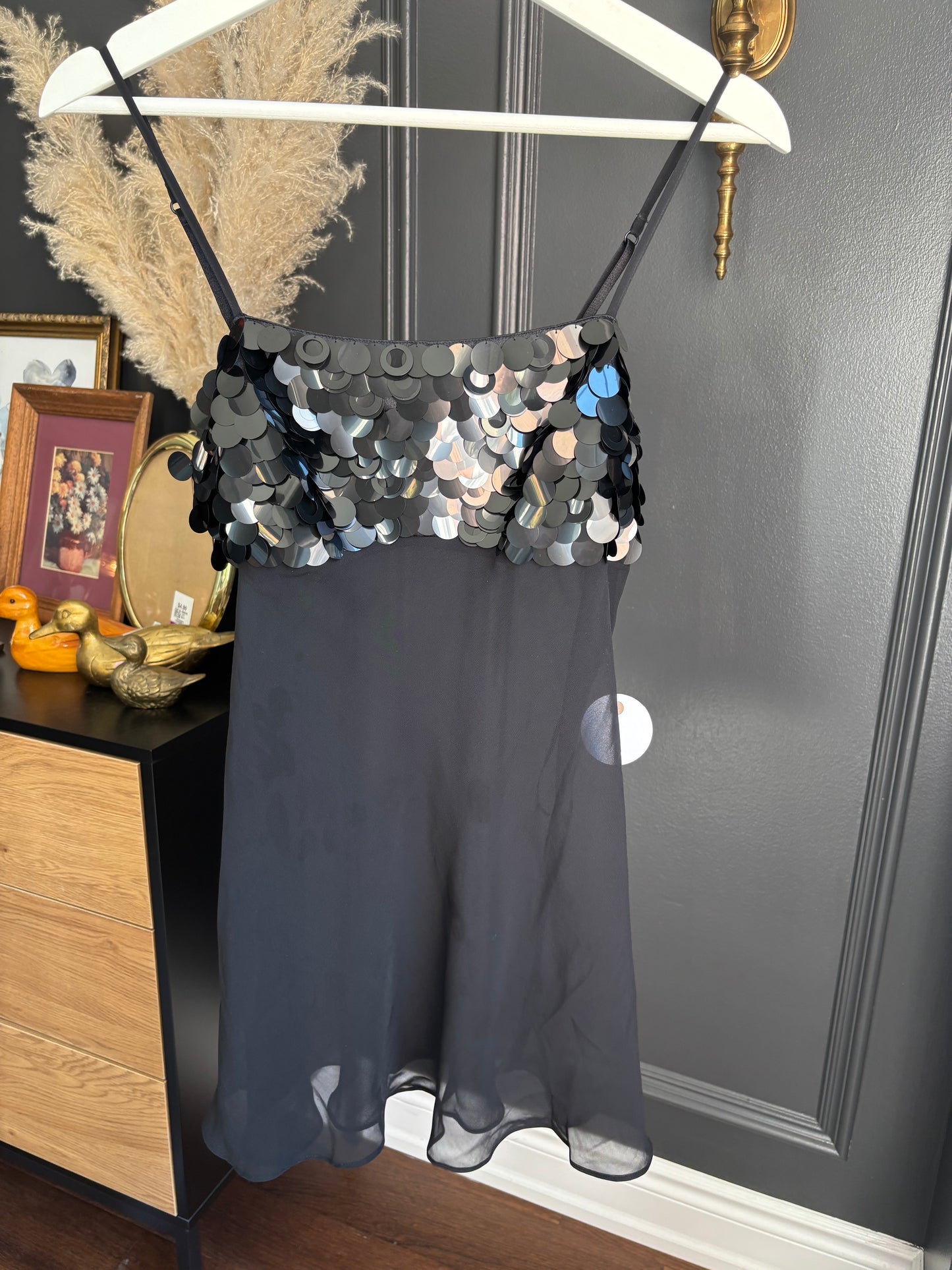 Black Sequin Sheer Slip Top Size M