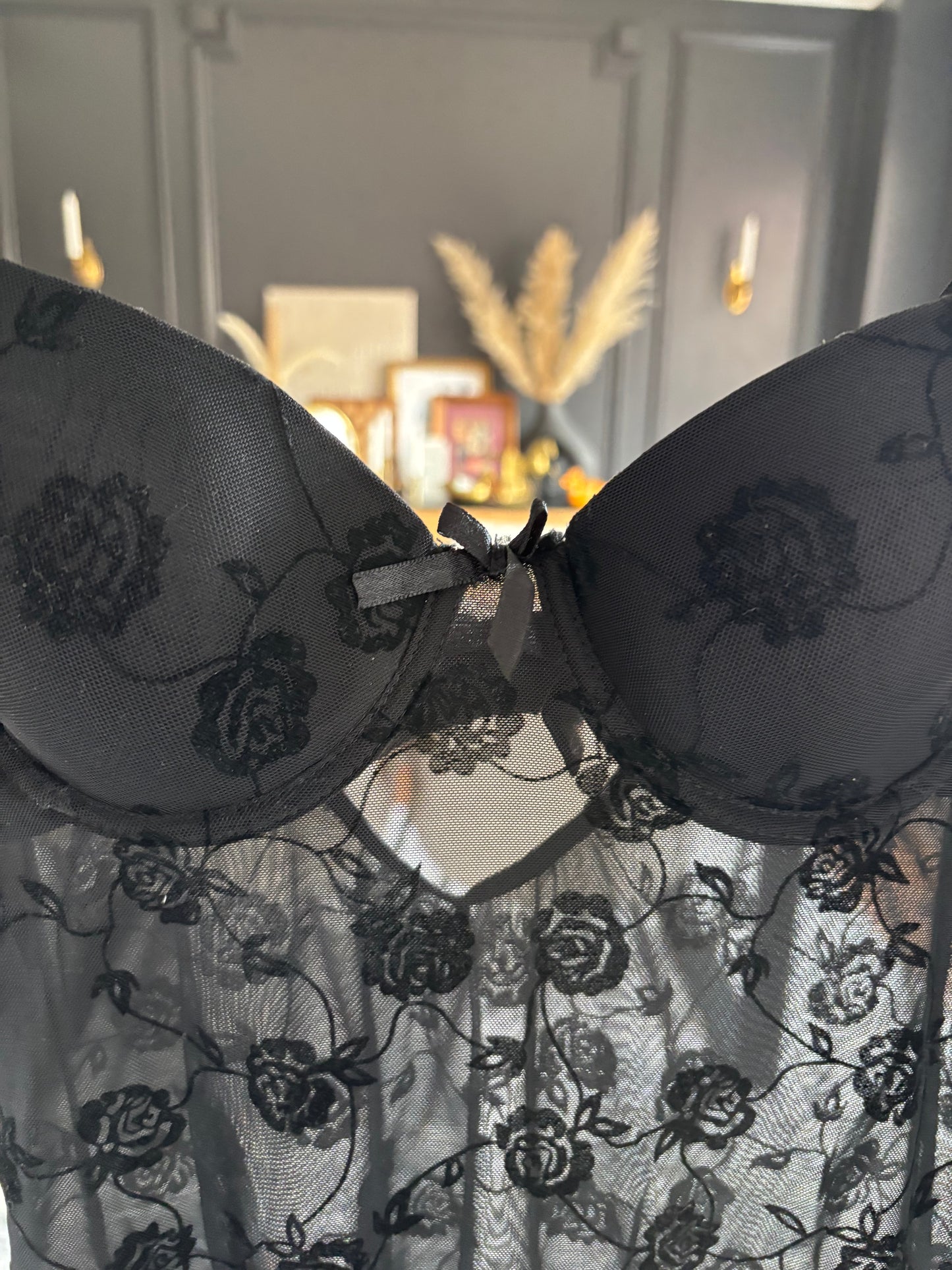 Black Sheer Rose Lace Babydoll Size S