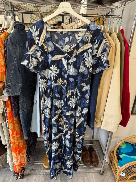 Vintage Blue Print Ankle Length Dress Size L