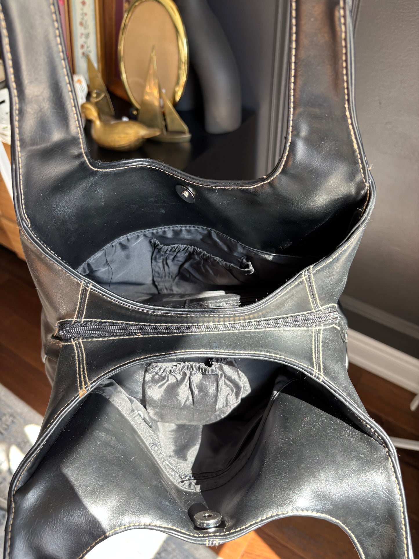 Black Faux Leather Muti Compartment Shoulder Bag