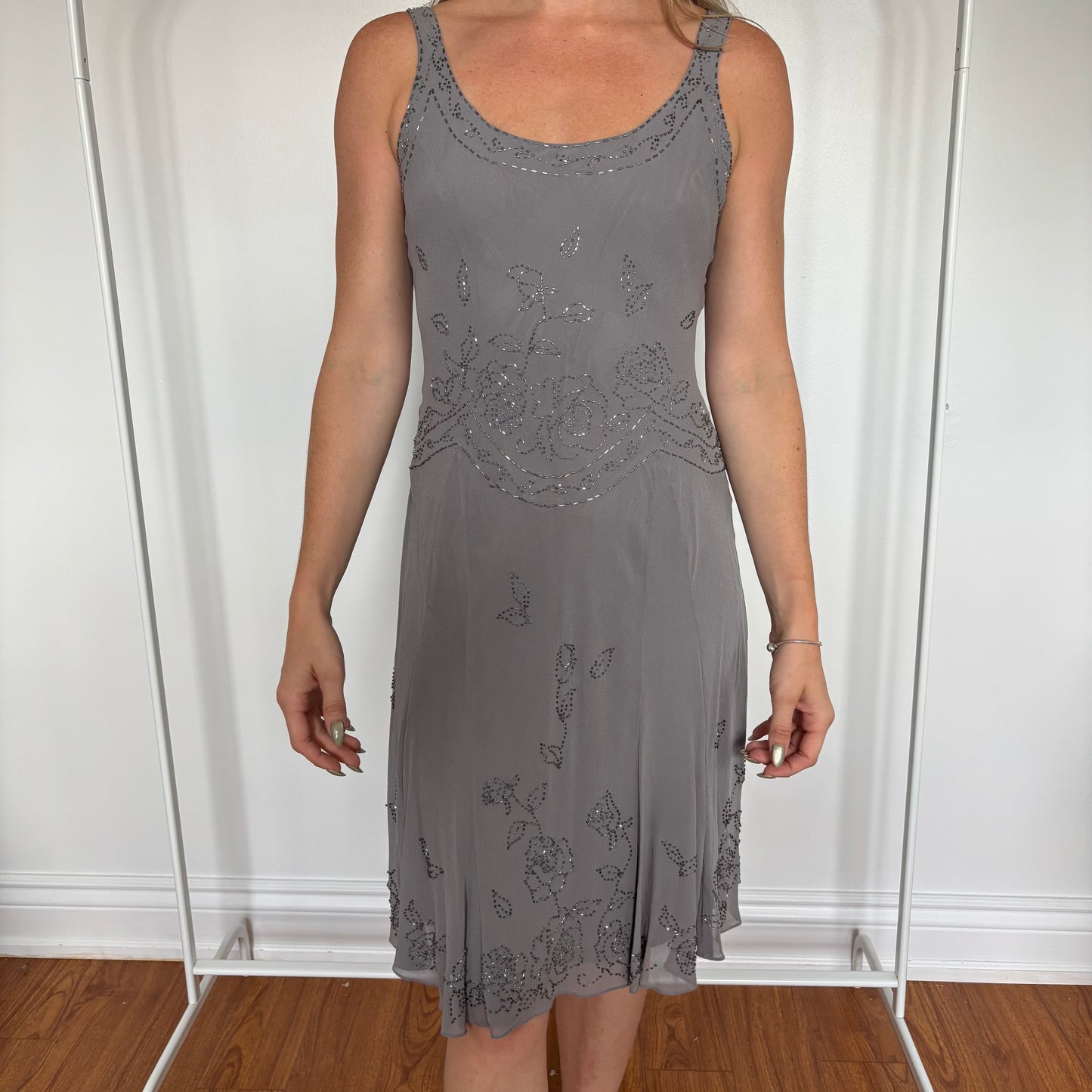 Grey Beaded Midi Dress Size 4
