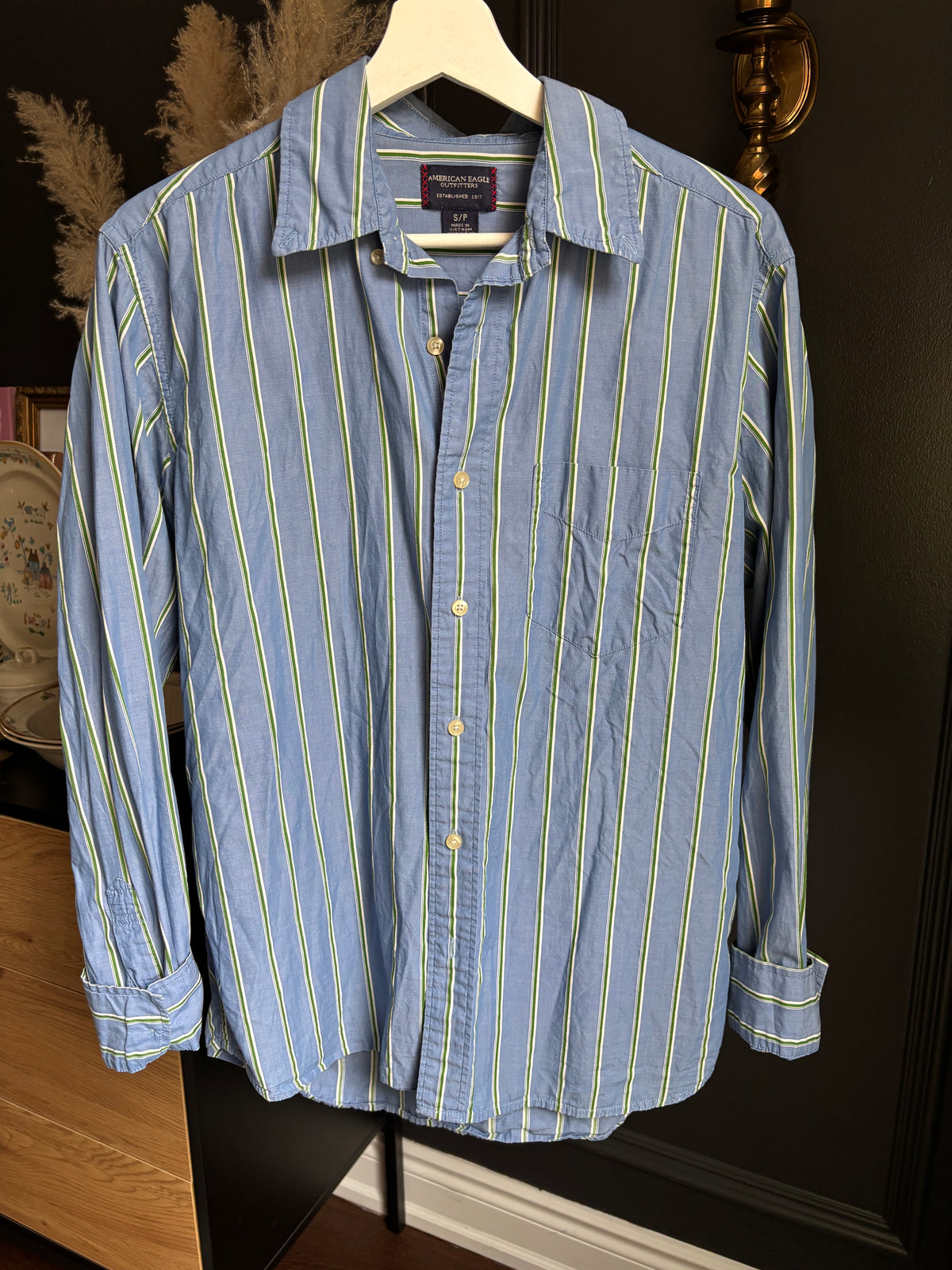Blue Green & White Striped Button Down Shirt Size S