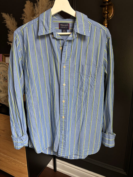 Blue Green & White Striped Button Down Shirt Size S