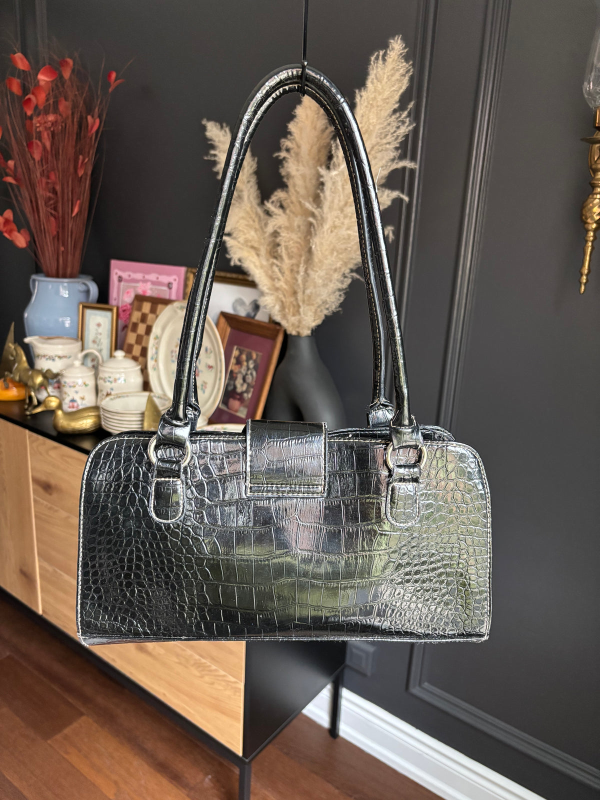 Black Shiny Faux Croc Y2K Shoulder Bag