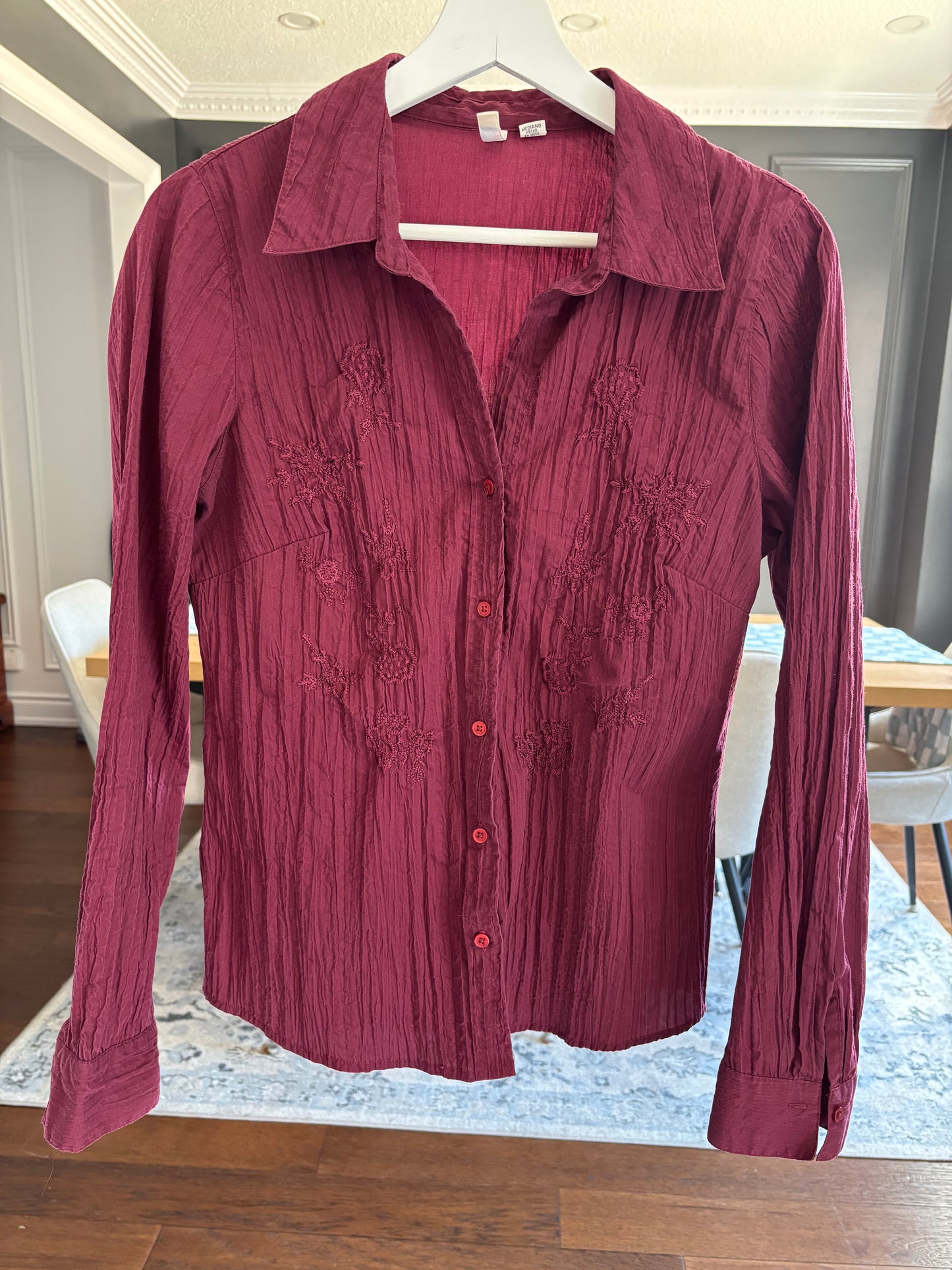 Burgundy Crinkle Button Down Blouse Size M