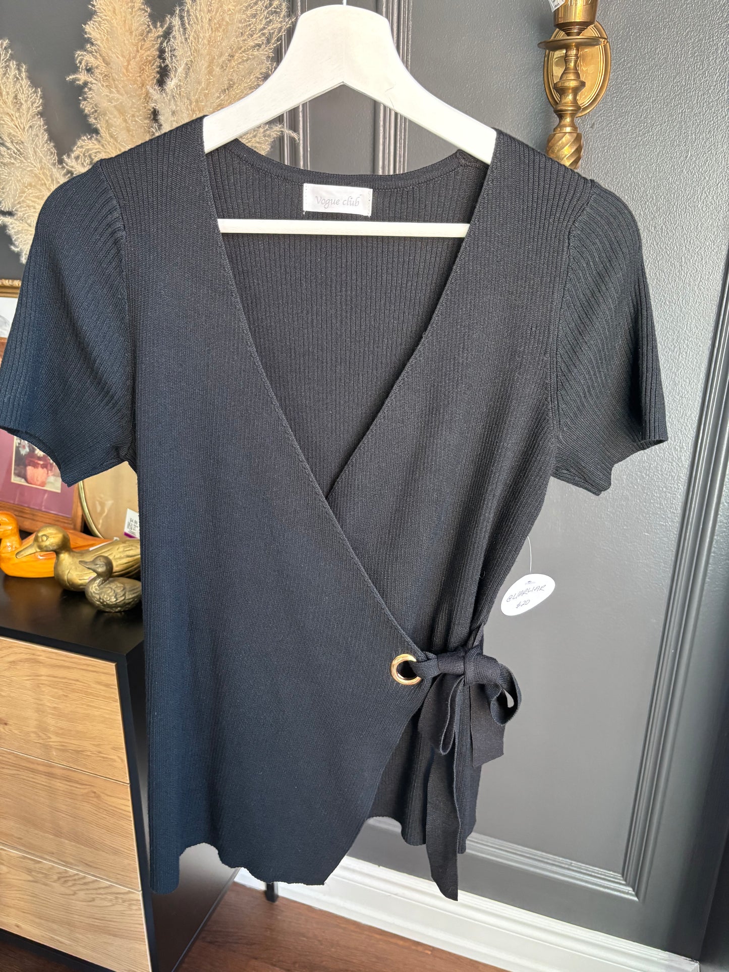 Black Ribbed Knit Wrap Top Size M