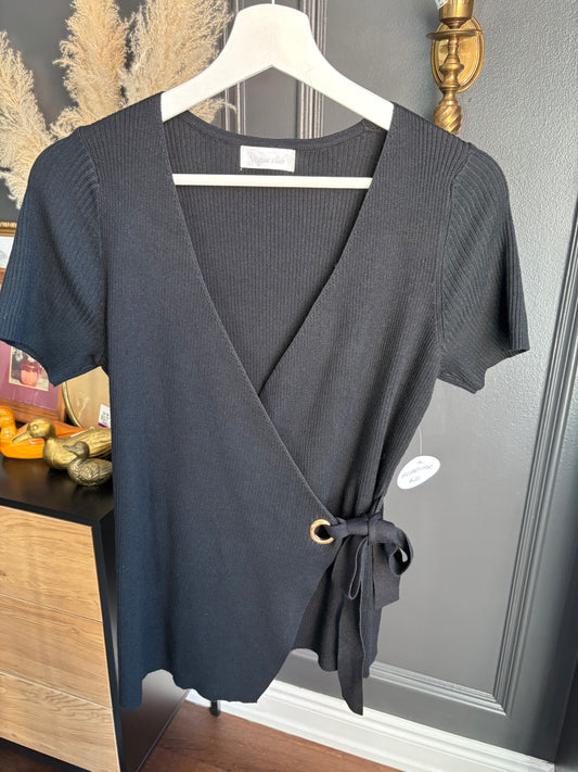 Black Ribbed Knit Wrap Top Size M