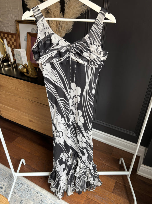 Long Vintage Silk Black & White Print Dress Size 8