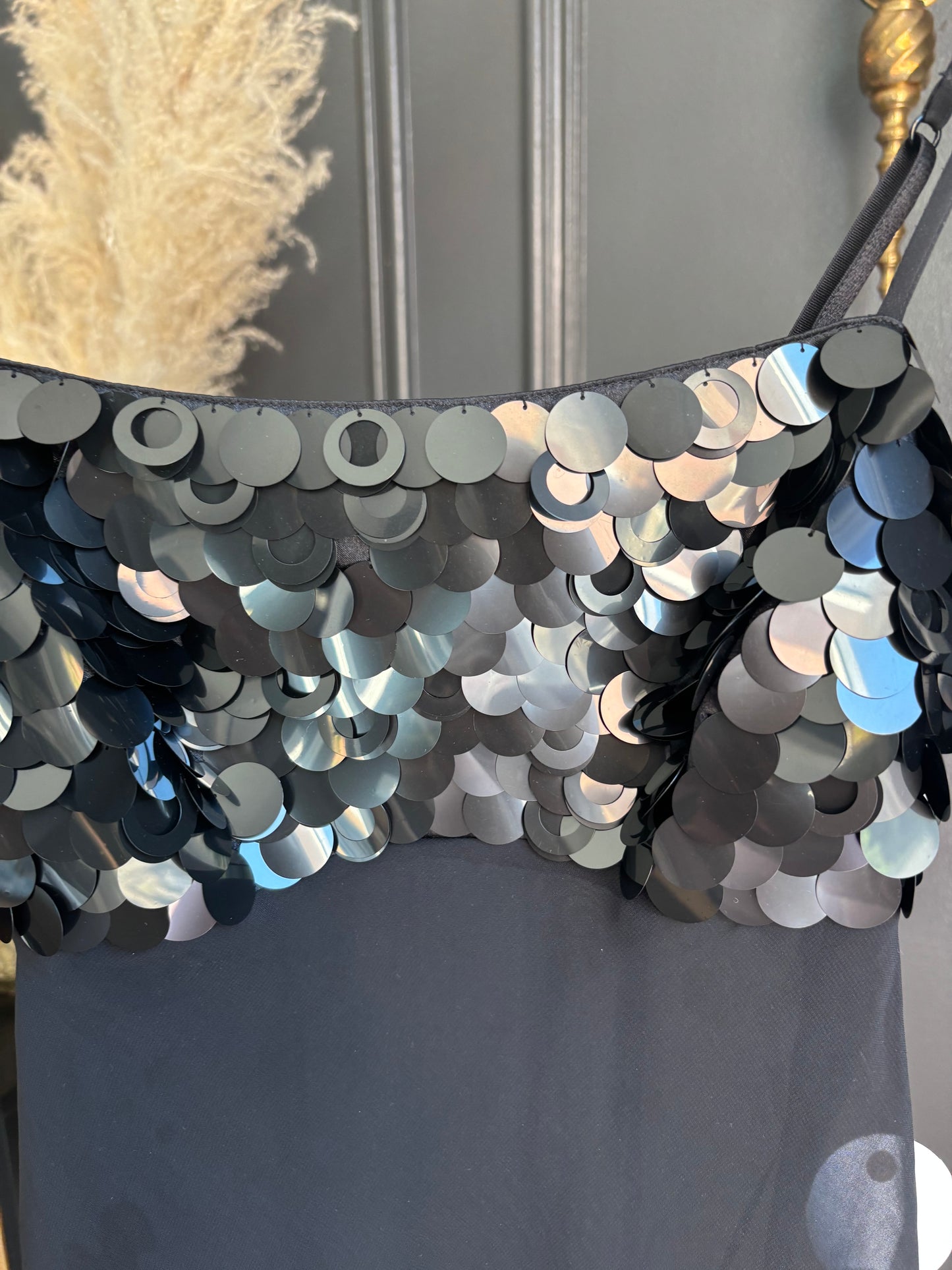 Black Sequin Sheer Slip Top Size M