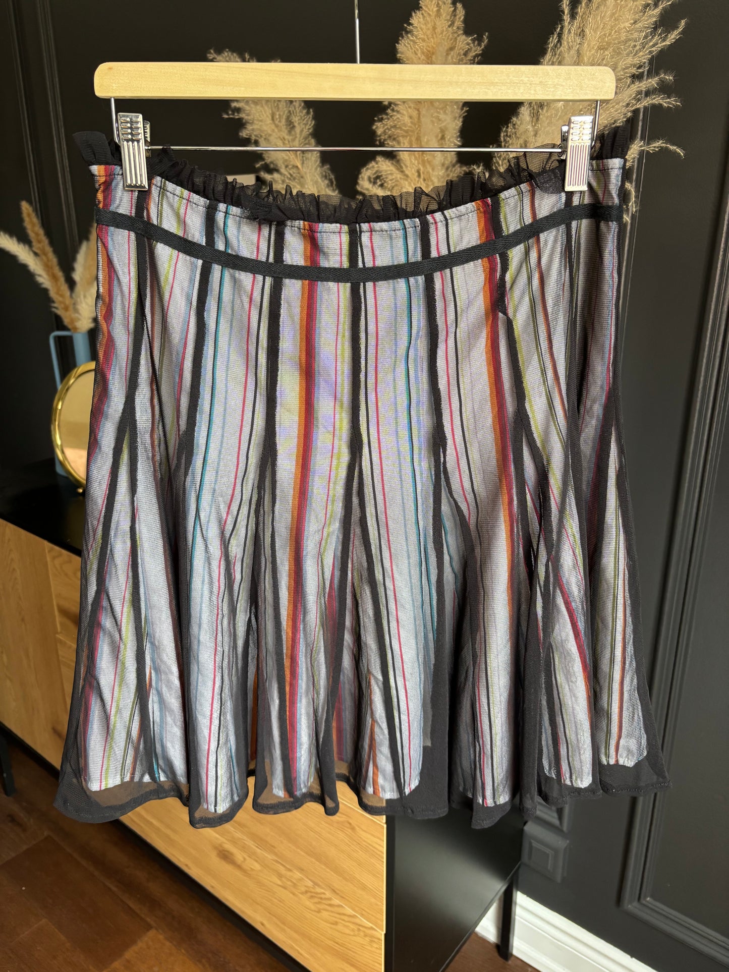 Colourful Striped Skirt With Black Sheer Overlay Size M