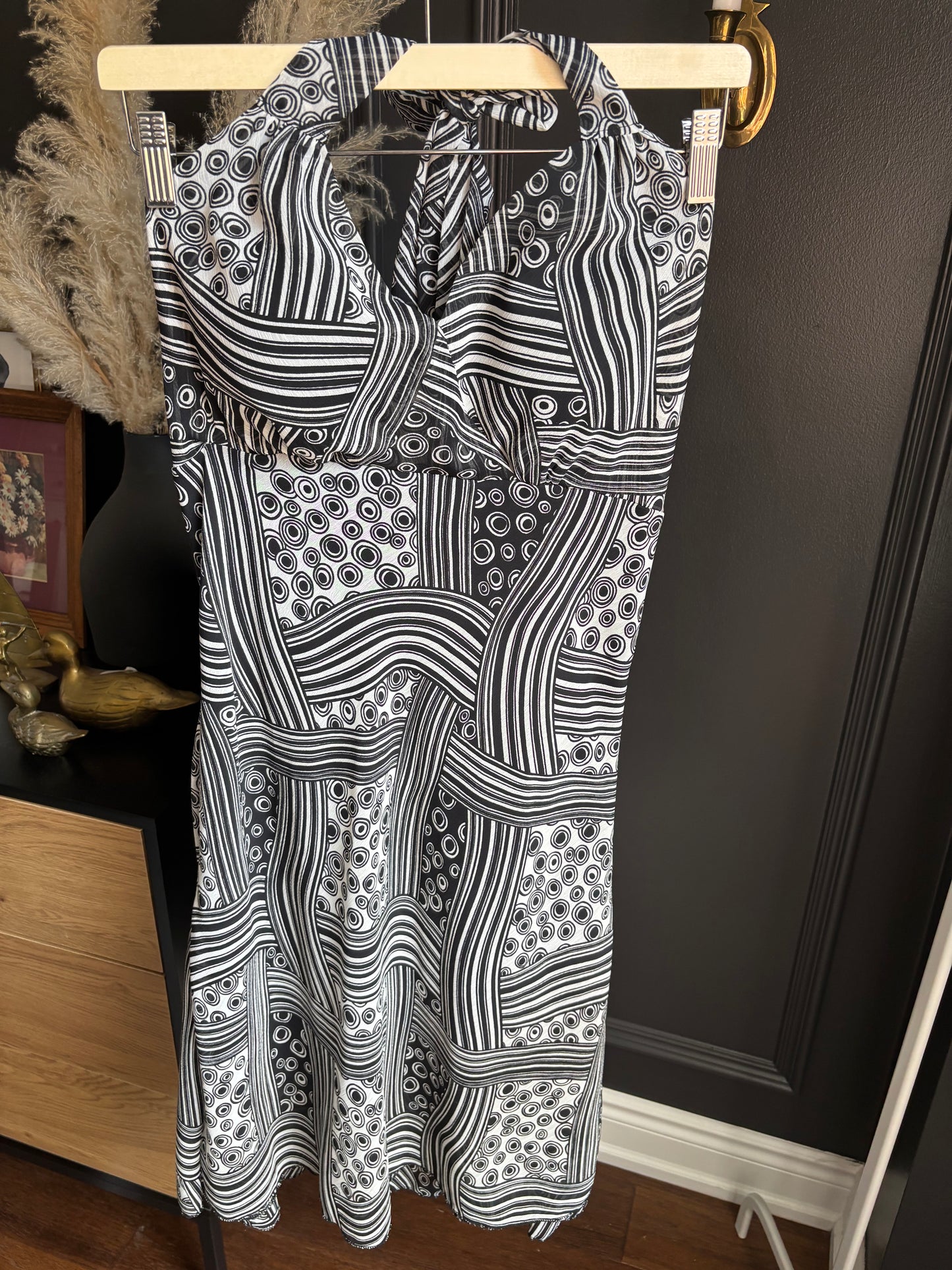 Vintage Black & White Print Halter Dress Size M