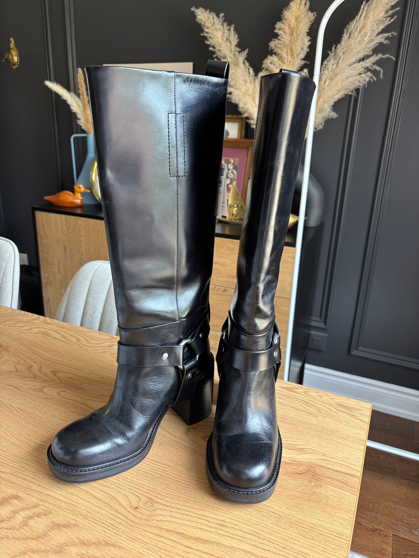 Tall Leather Biker Boots Size 38