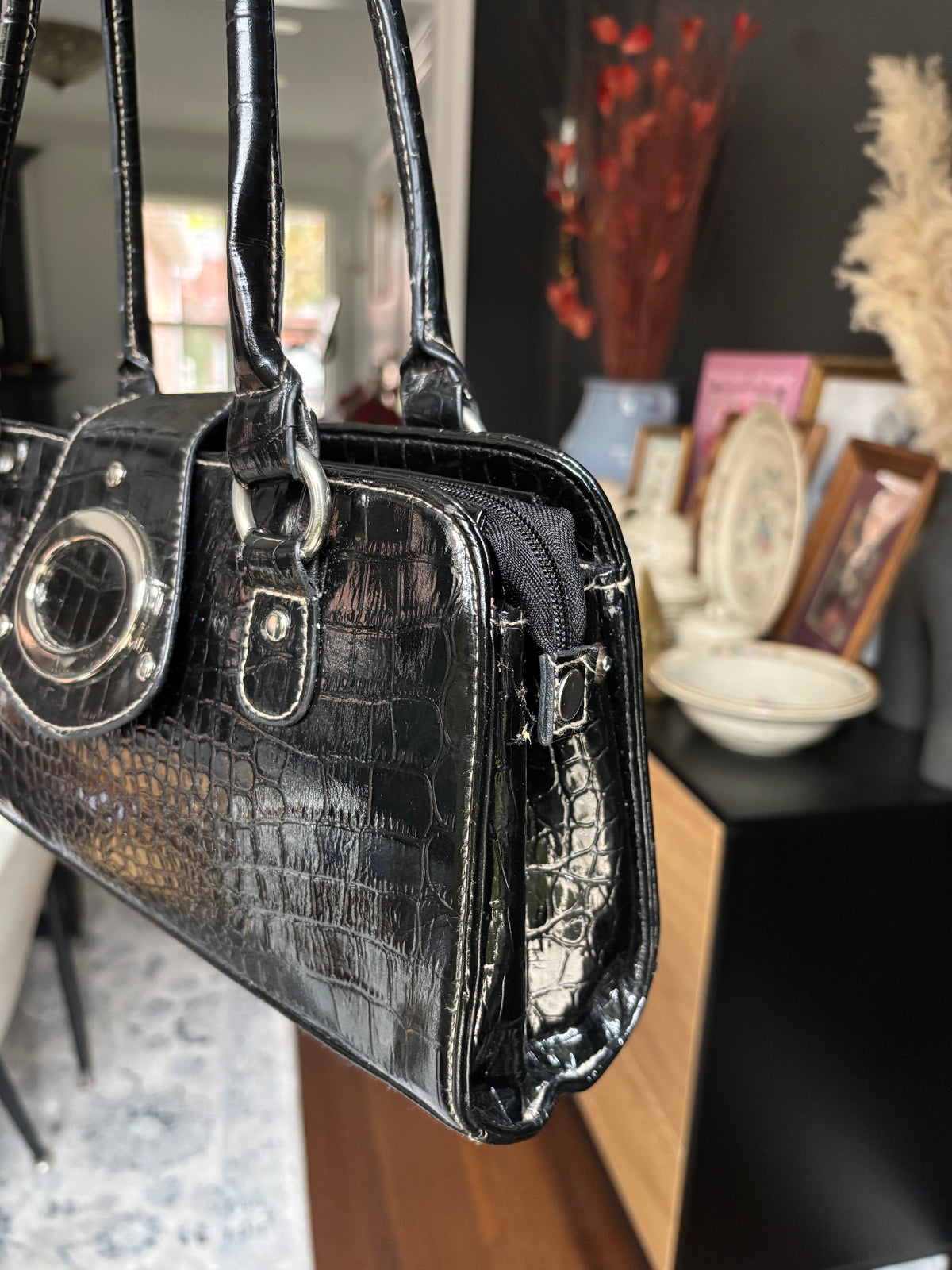 Black Shiny Faux Croc Y2K Shoulder Bag