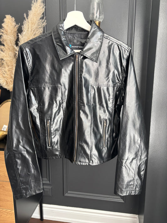 90's Outerweae Shinny Vegan Leather Cropped Jacket Size M