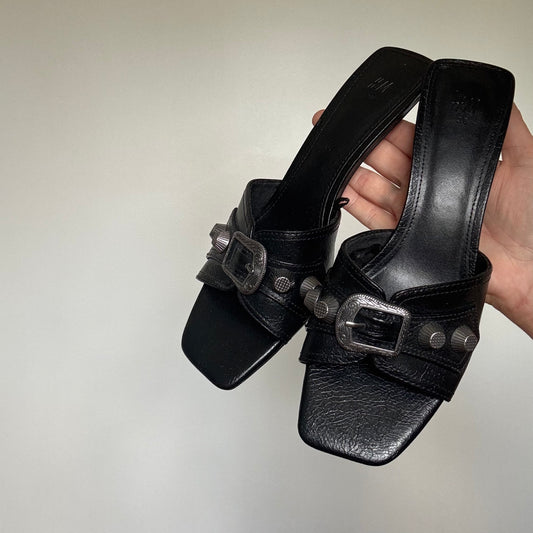 Western Buckle Open Toe Kitten Heel