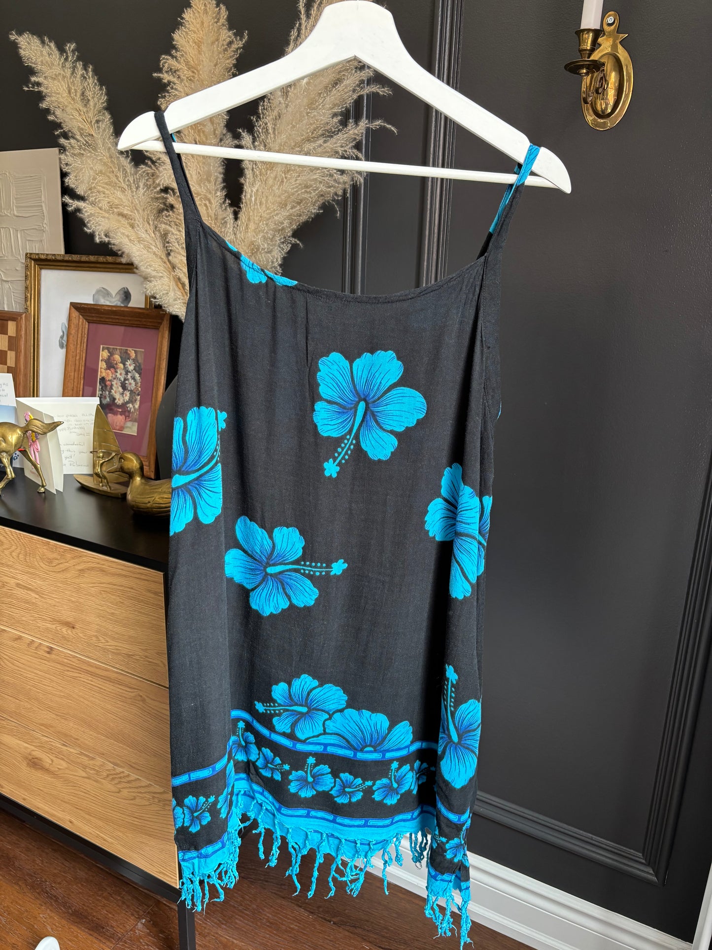 90's Black & Blue Hibiscus Beach Dress Size L