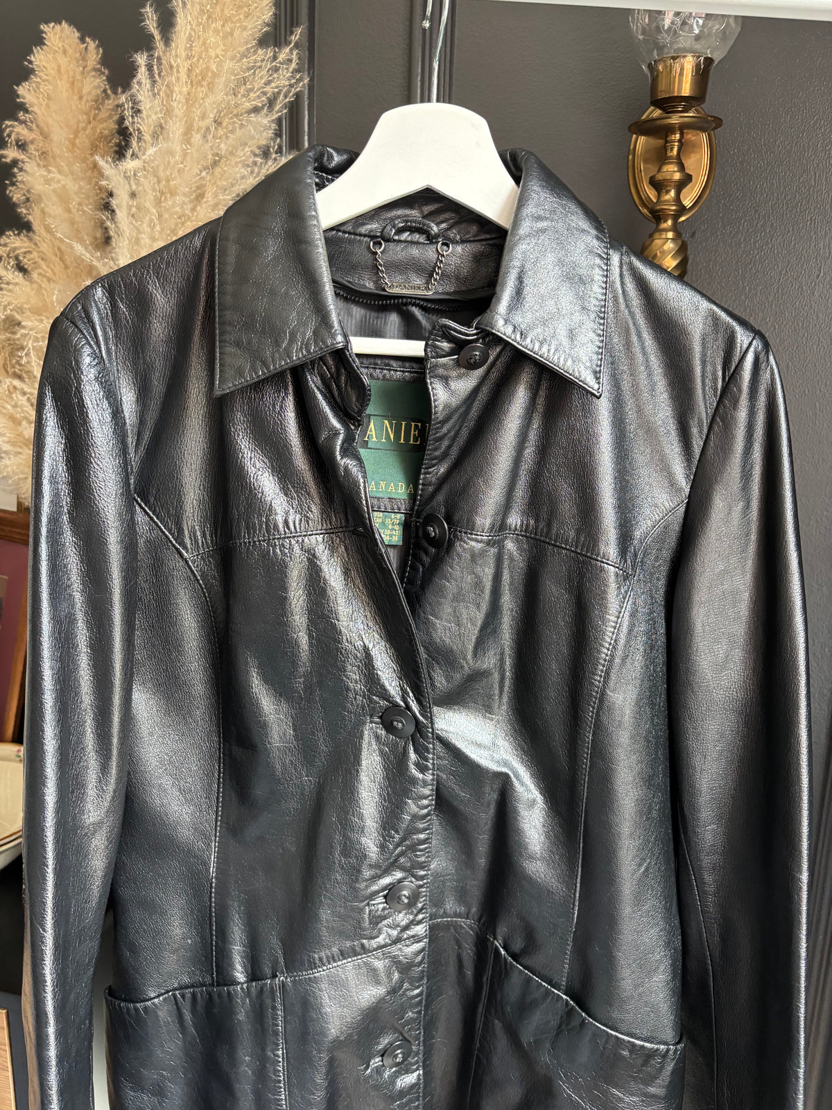 Black Leather Long Dainer Jacket Size XS