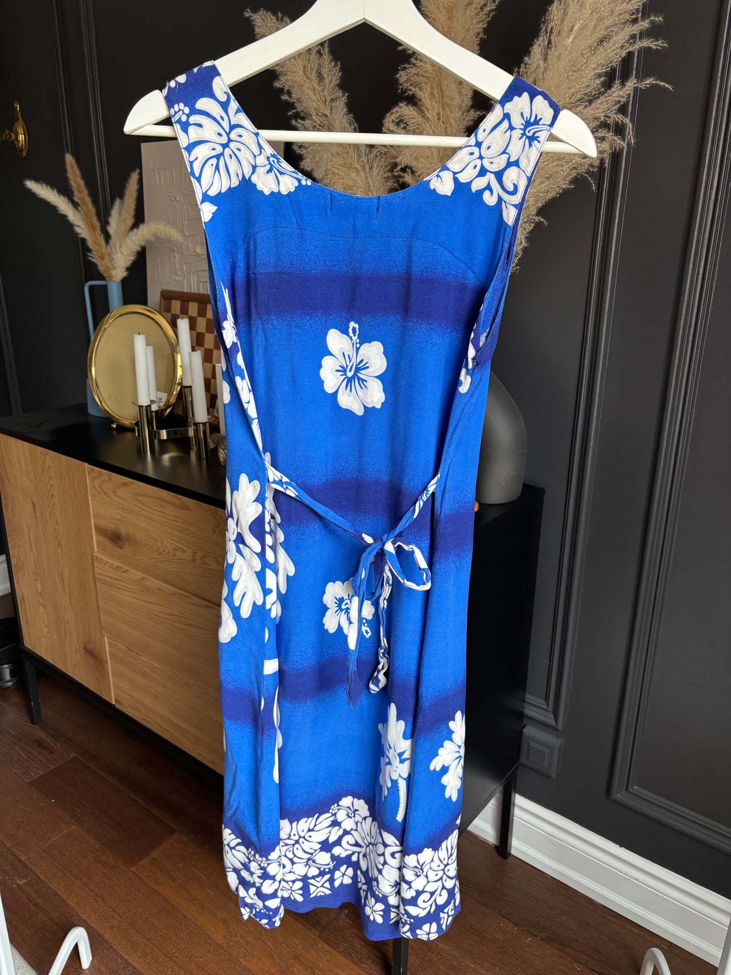 90's Blue Hibiscus Knee Length Beach Dress Size S