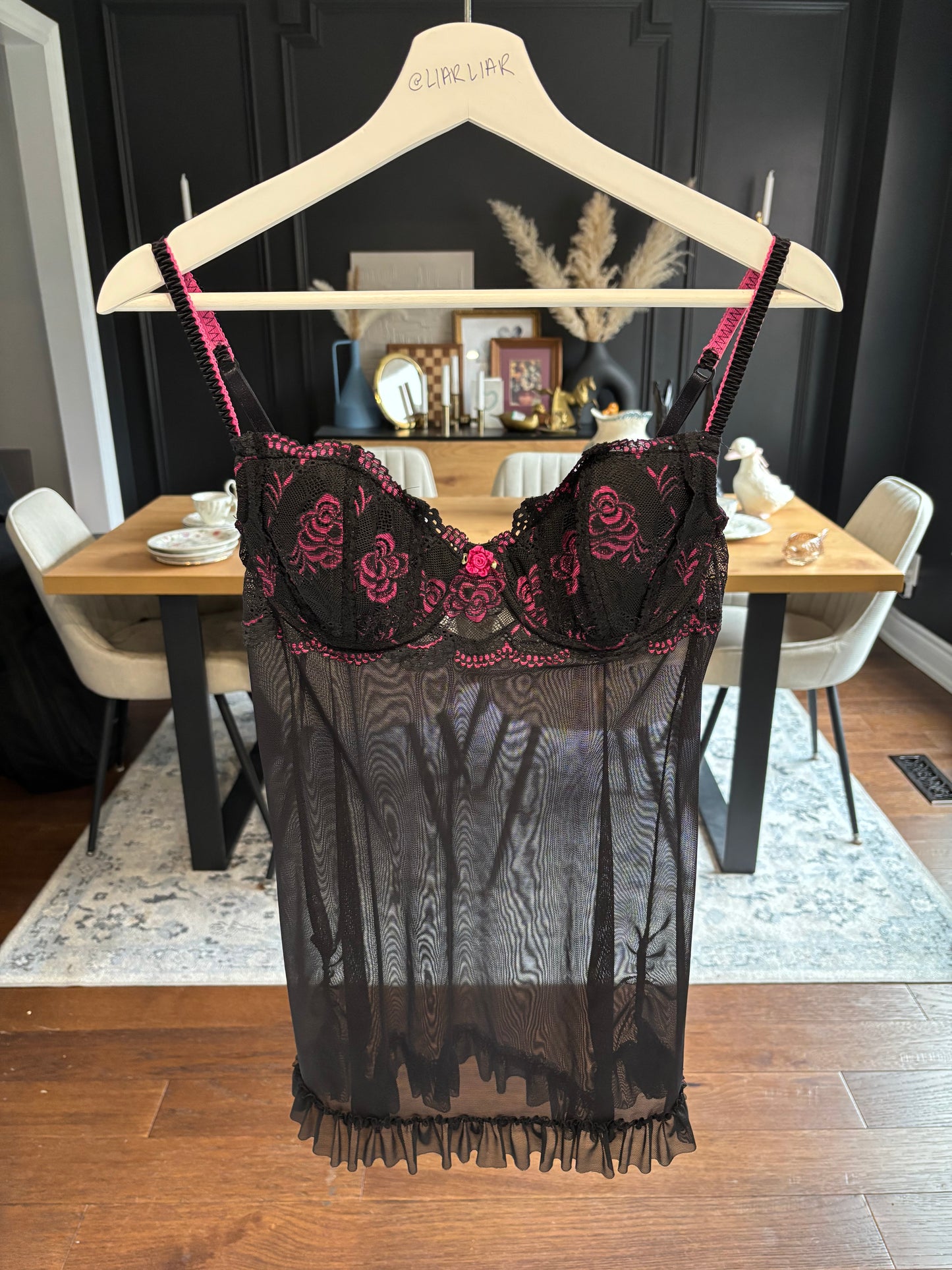 Sexy Black & Pink Rose Babydoll Size L