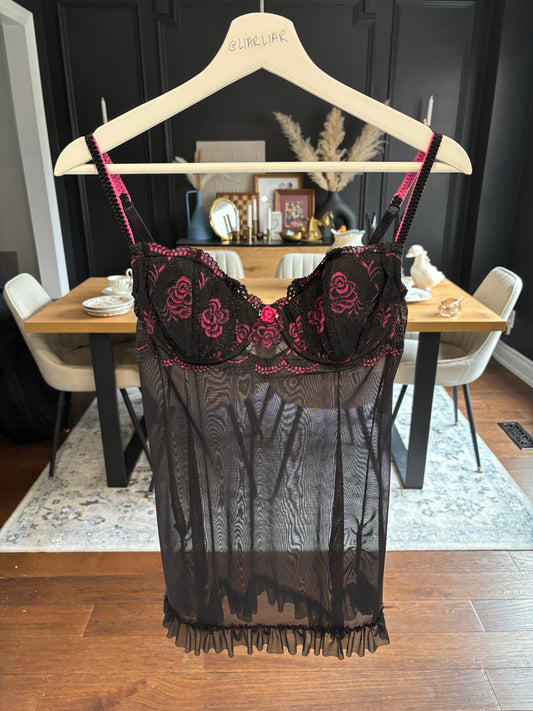 Sexy Black & Pink Rose Babydoll Size L