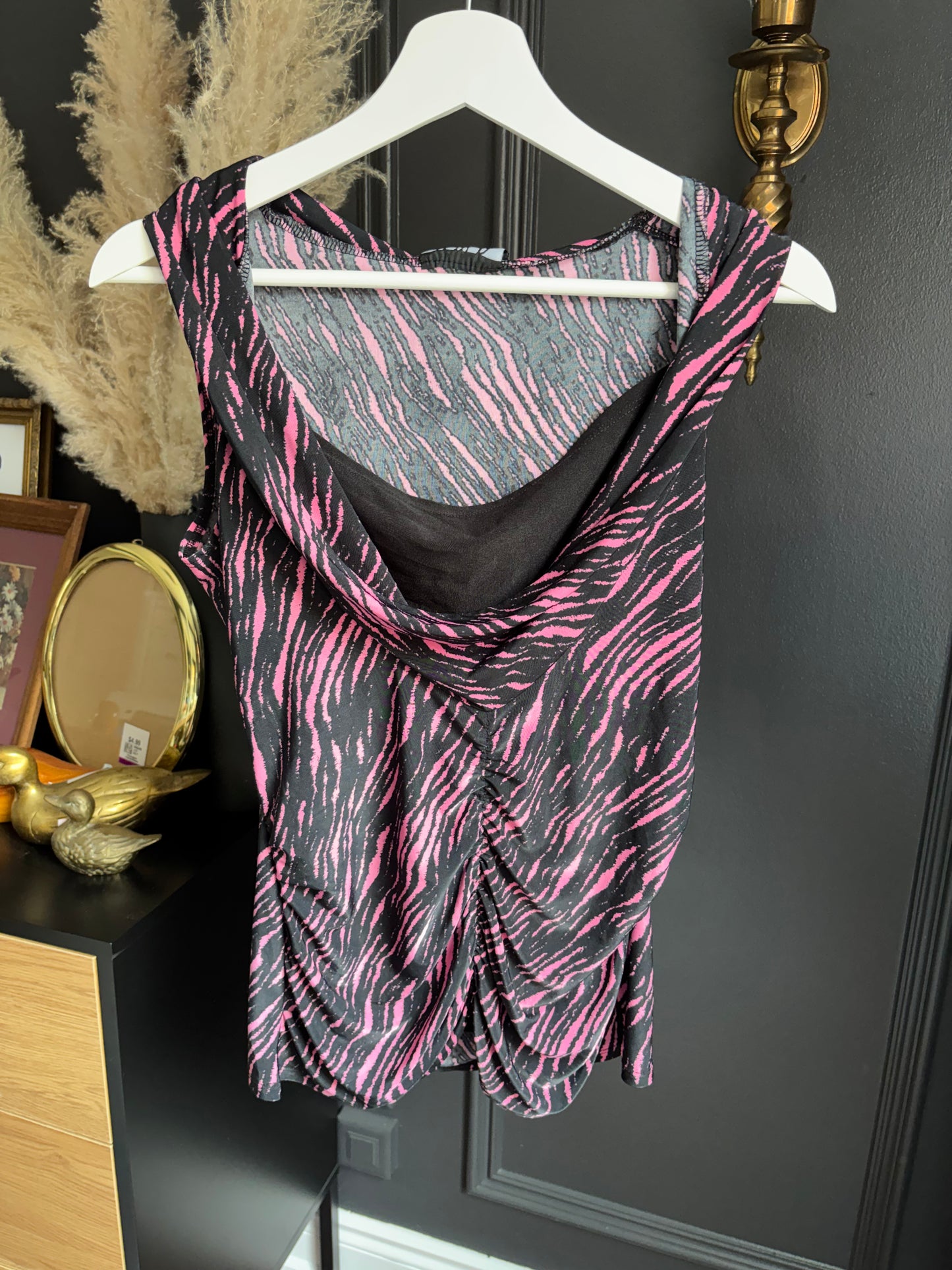 Pink & Black Print Rouched Tank Size M