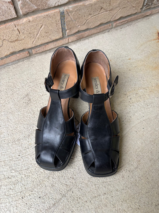 Vintage Black Strap Block Heel Shoes Size 6